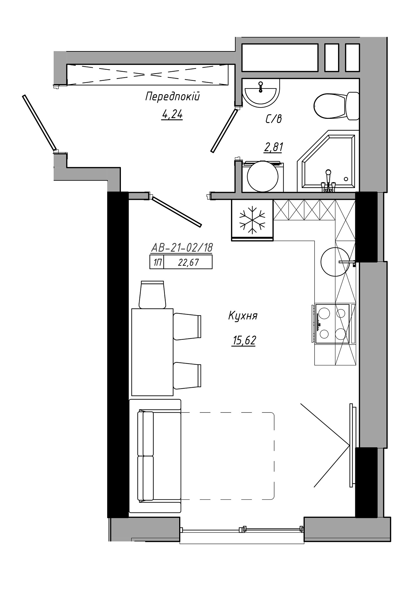 Планування Smart-квартира площею 22.67м2, AB-21-02/00018.