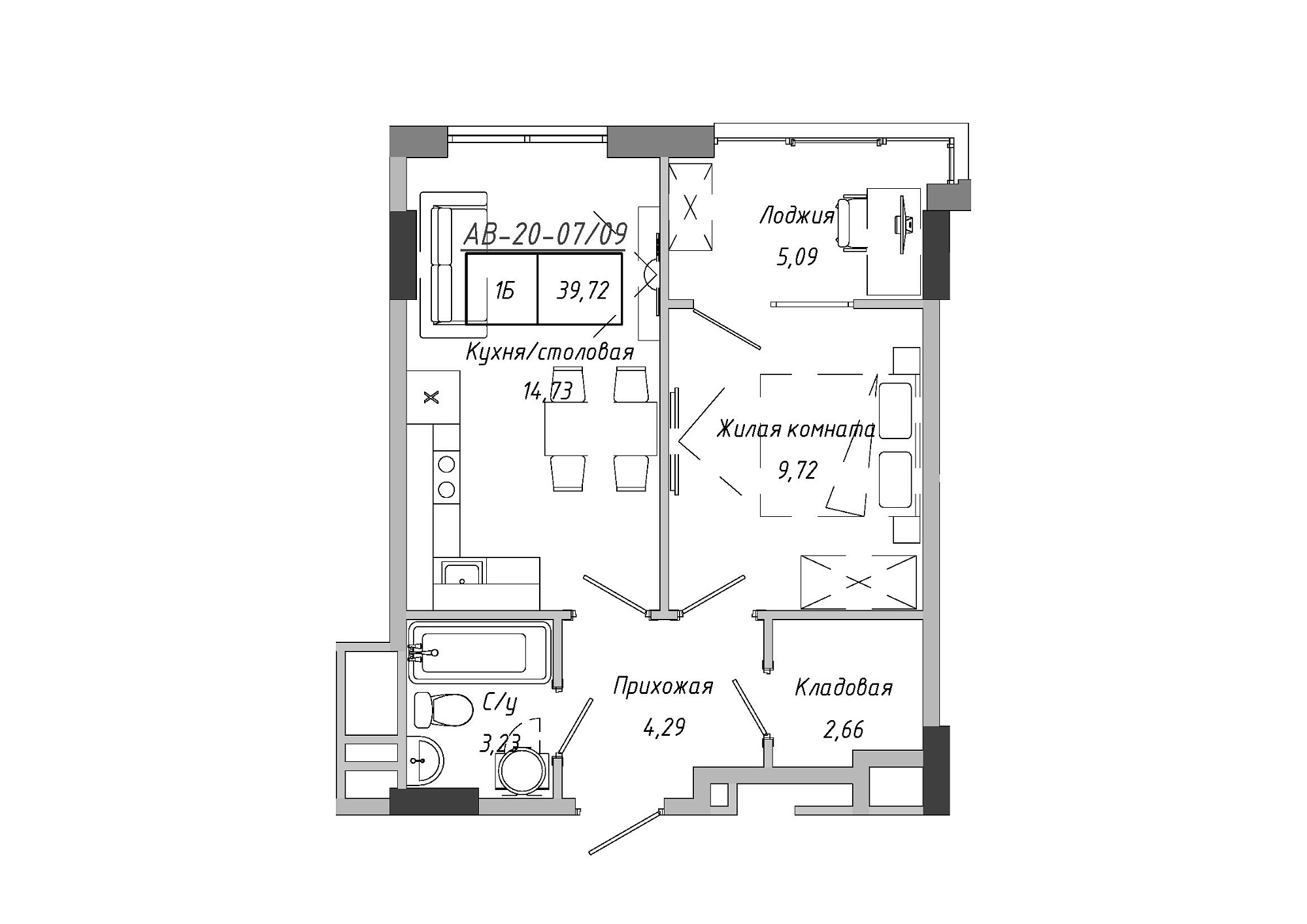 Планування 1-к квартира площею 37.59м2, AB-20-07/00009.