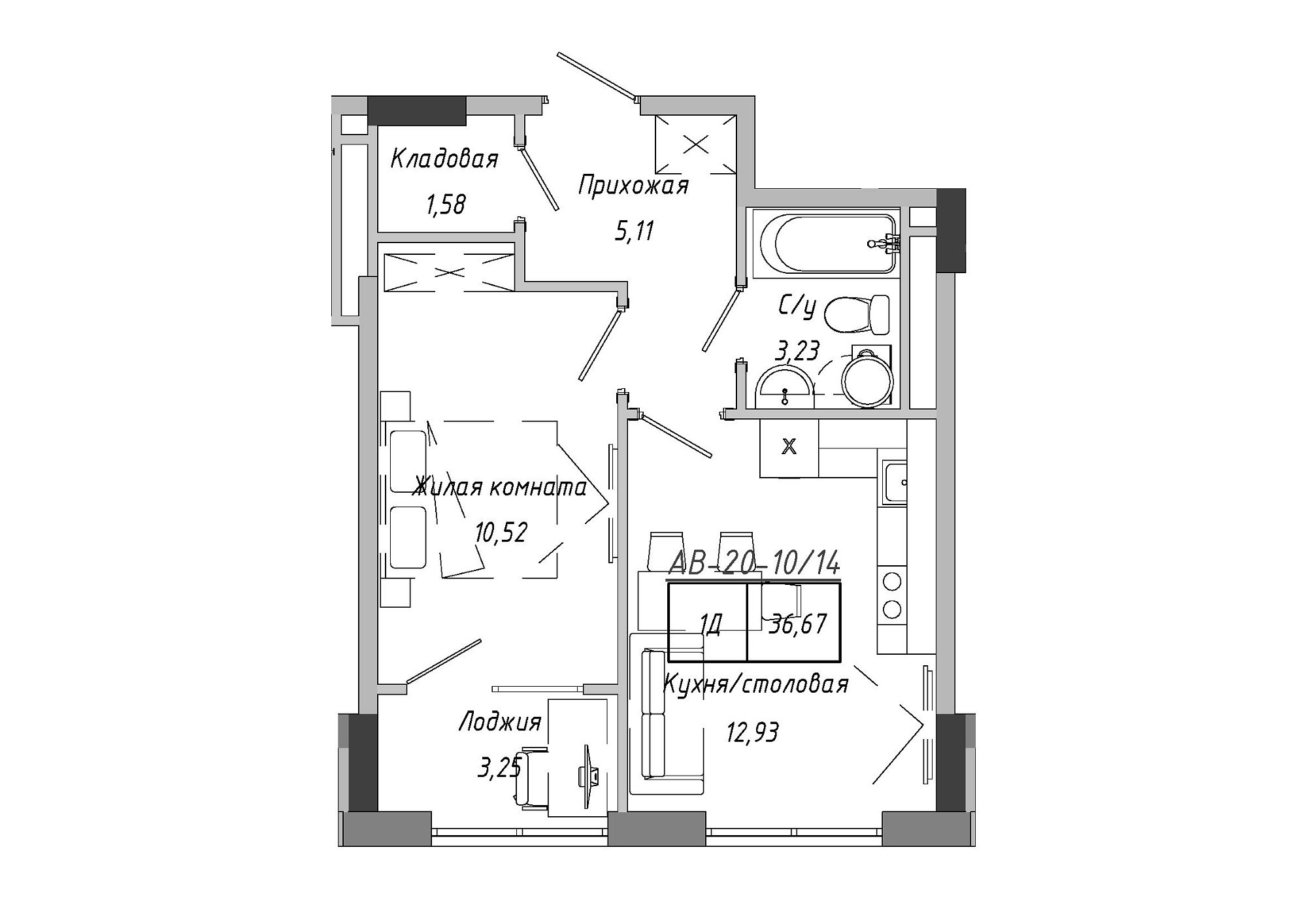Планировка 1-к квартира площей 36.96м2, AB-20-10/00014.