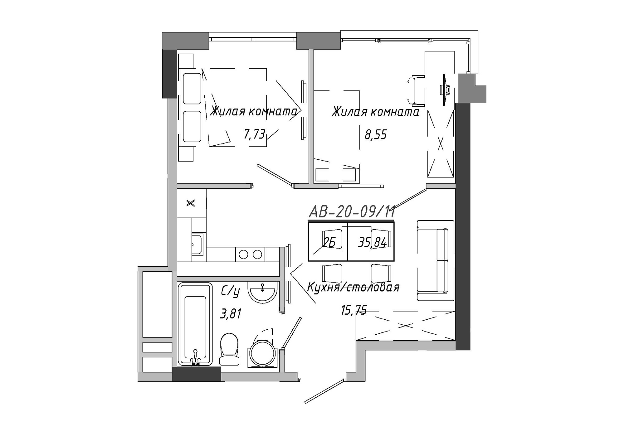 Планування 2-к квартира площею 36.12м2, AB-20-09/00011.