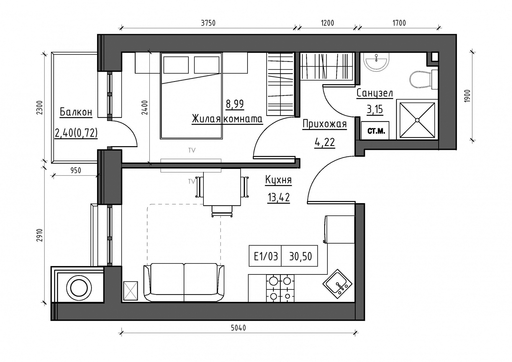 Планування 1-к квартира площею 30.5м2, KS-011-03/0003.