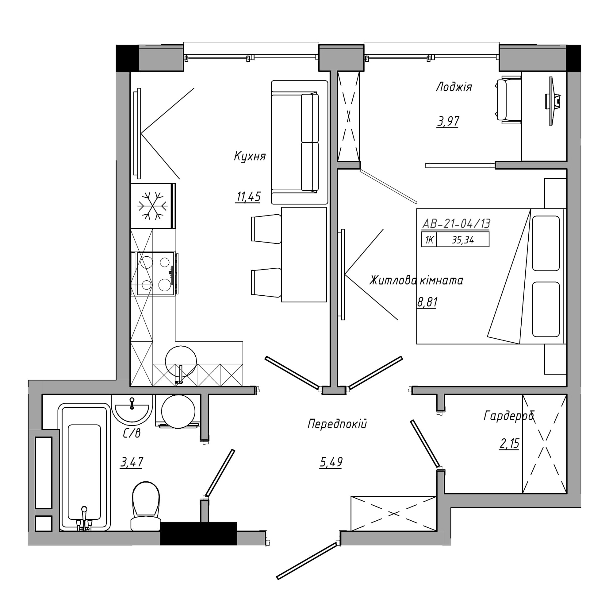 Планировка 1-к квартира площей 35.34м2, AB-21-04/00013.