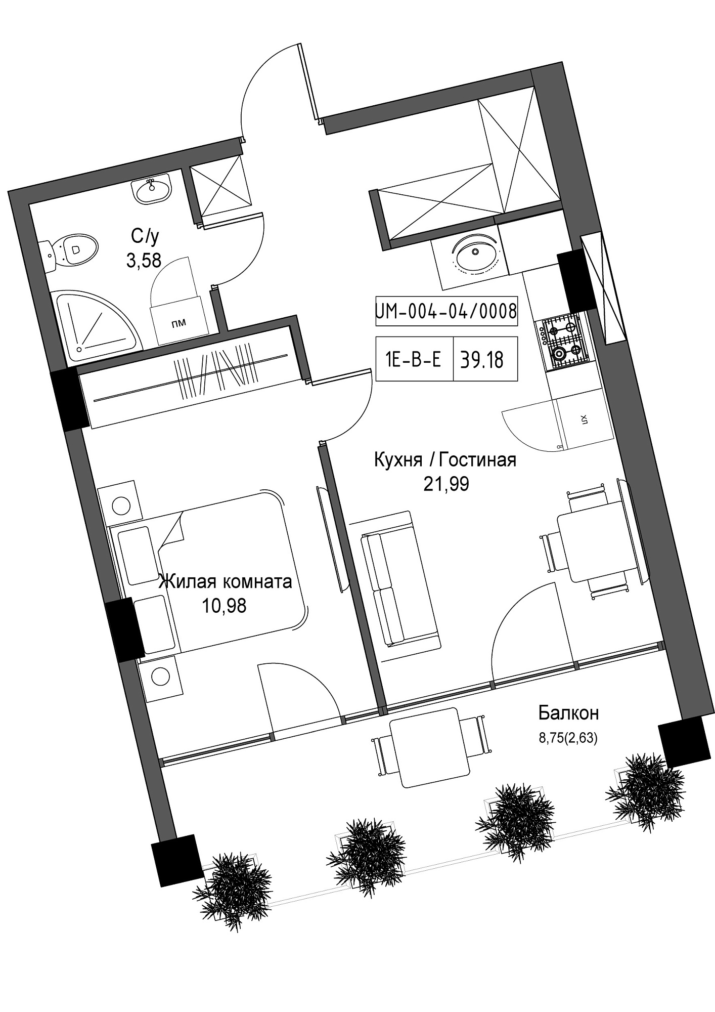 Planning 1-rm flats area 39.18m2, UM-004-04/0008.