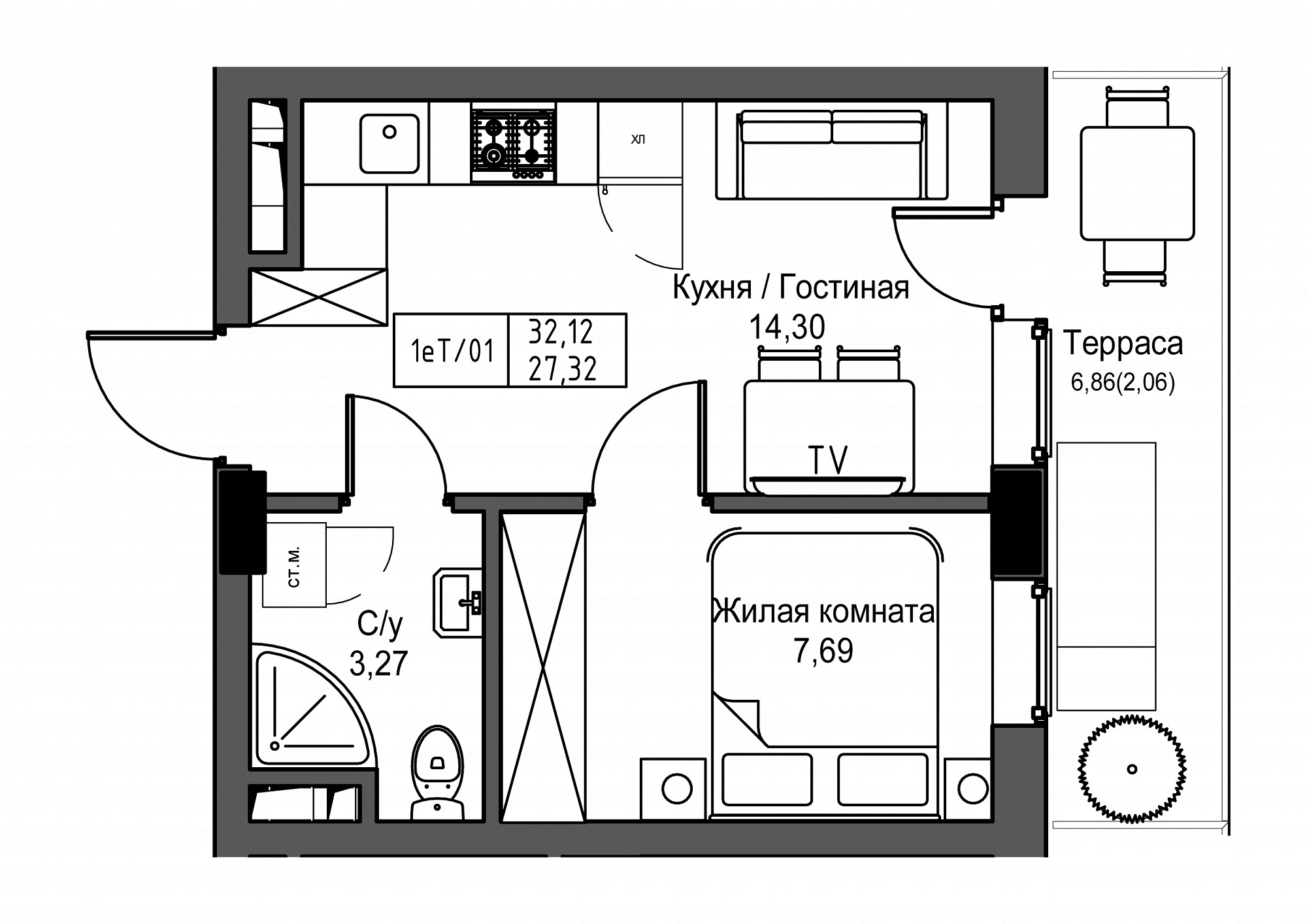 Планировка 1-к квартира площей 27.32м2, UM-003-02/0004.