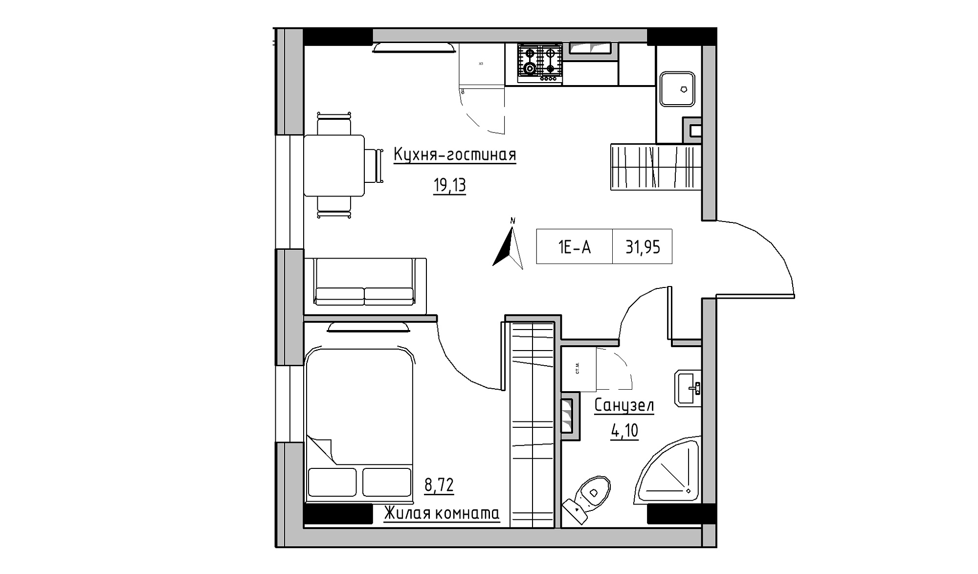Планировка 1-к квартира площей 31.95м2, KS-025-02/0003.