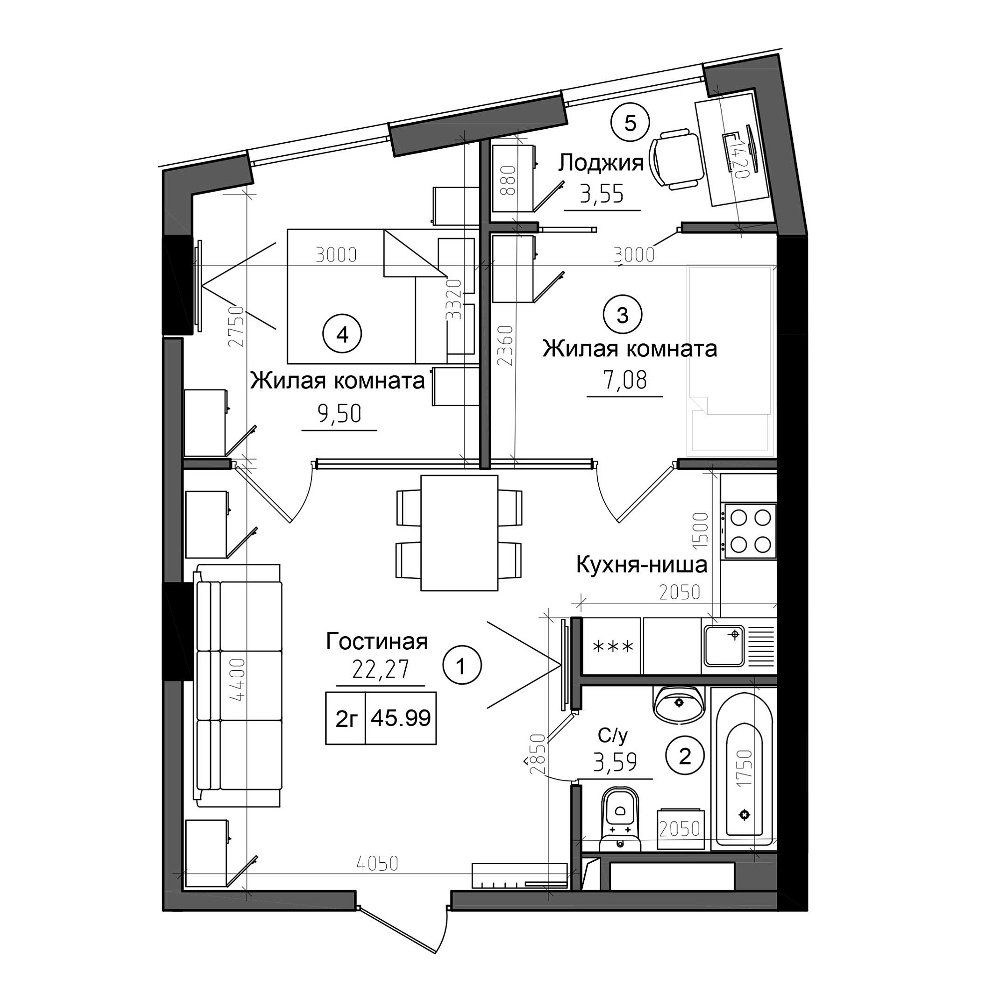 Планування 2-к квартира площею 45.99м2, AB-20-07/0001а.
