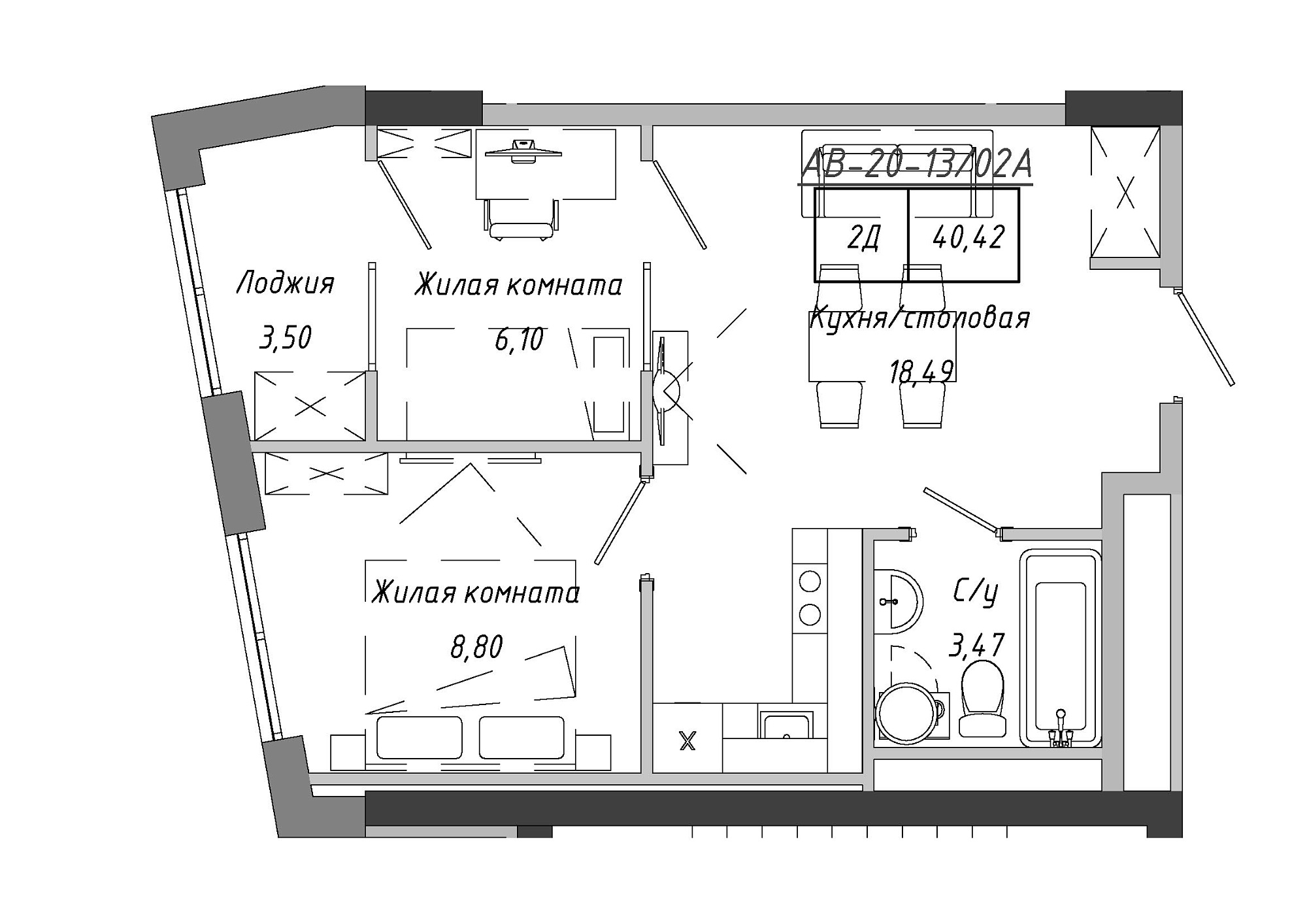 Планировка 2-к квартира площей 40.42м2, AB-20-13/0102a.