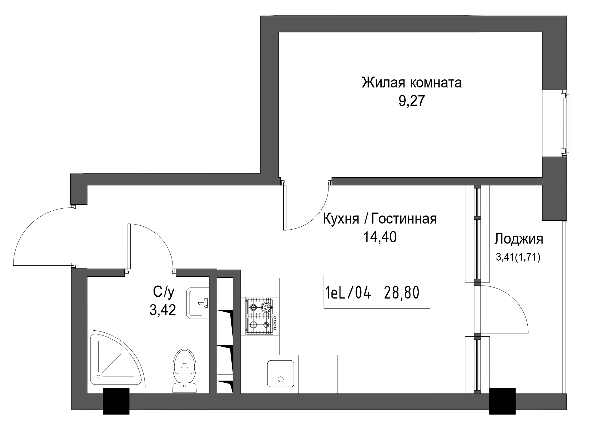 Планування 1-к квартира площею 28.8м2, UM-002-02/0090.