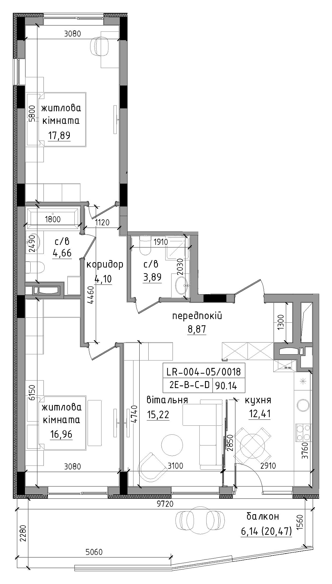 Планировка 2-к квартира площей 90.14м2, LR-004-05/0018.
