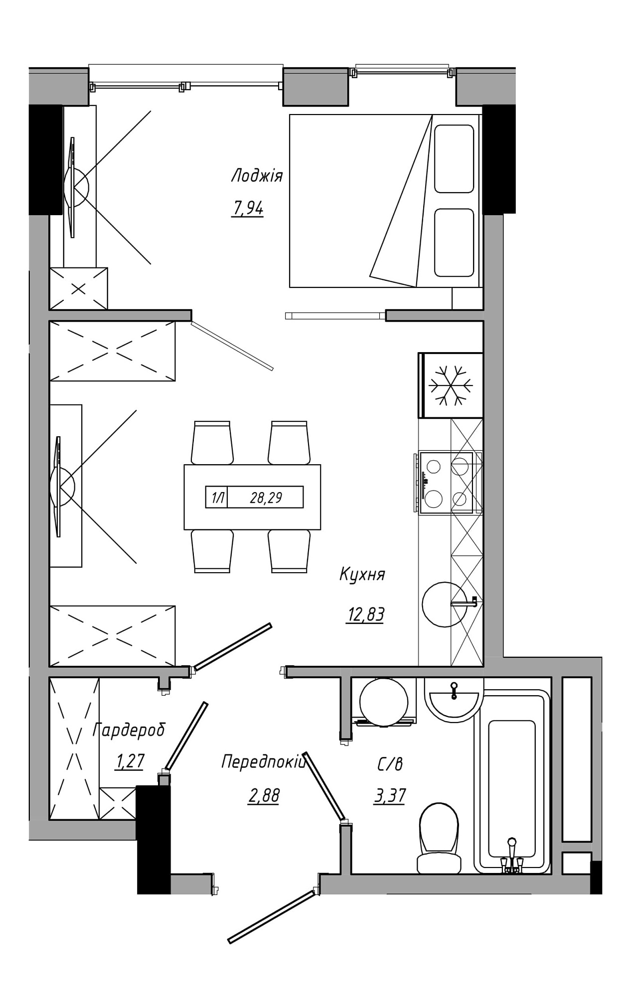 Планування 1-к квартира площею 28.29м2, AB-21-08/00014.