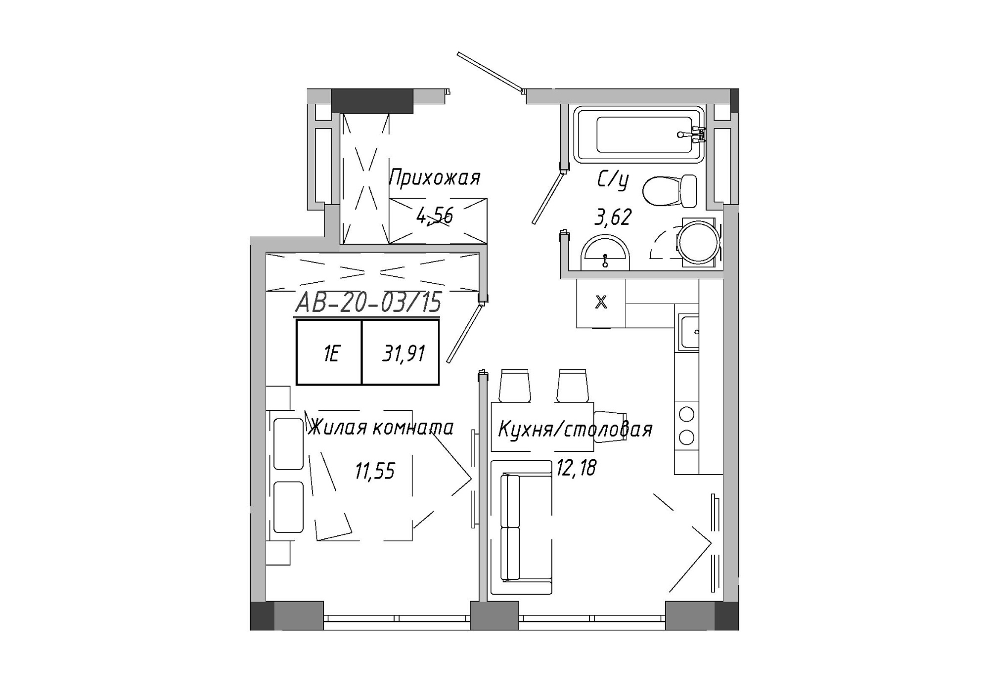 Планировка 1-к квартира площей 31.91м2, AB-20-03/00015.