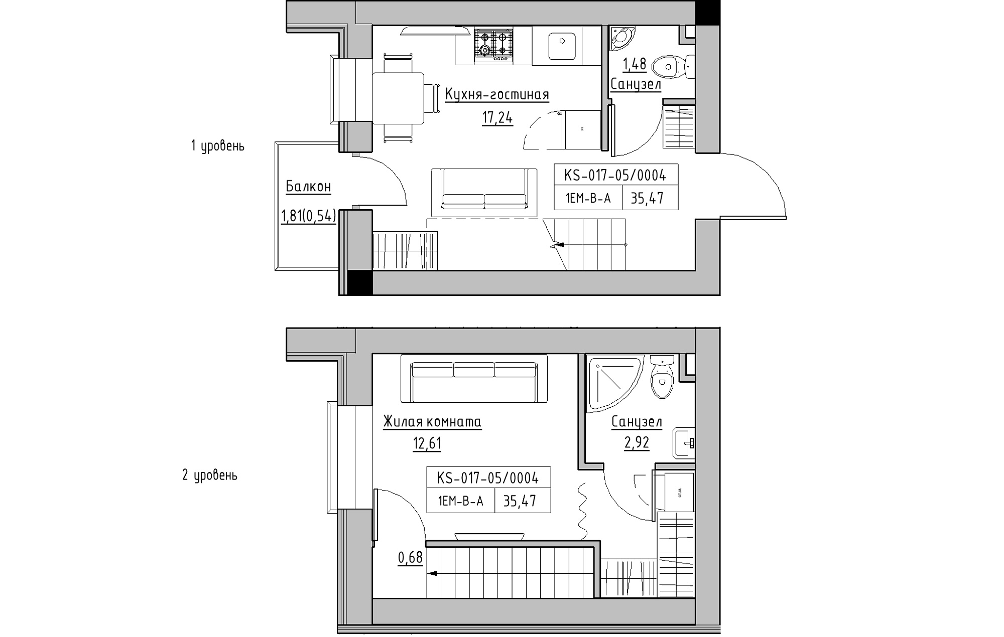 Planning 2-lvl flats area 35.41m2, KS-017-05/0004.