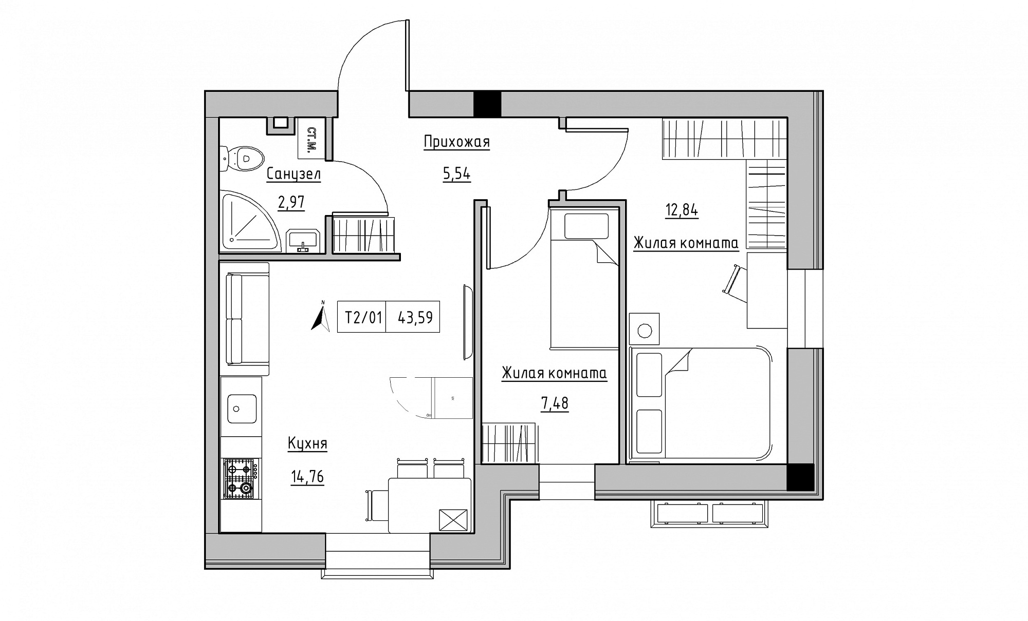 Планування 2-к квартира площею 43.59м2, KS-015-01/0008.