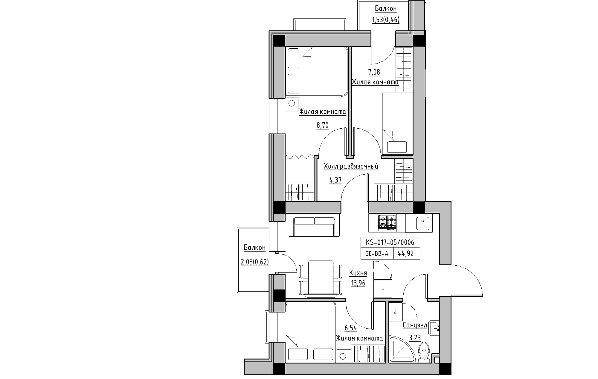 Планування 3-к квартира площею 44.92м2, KS-017-05/0006.
