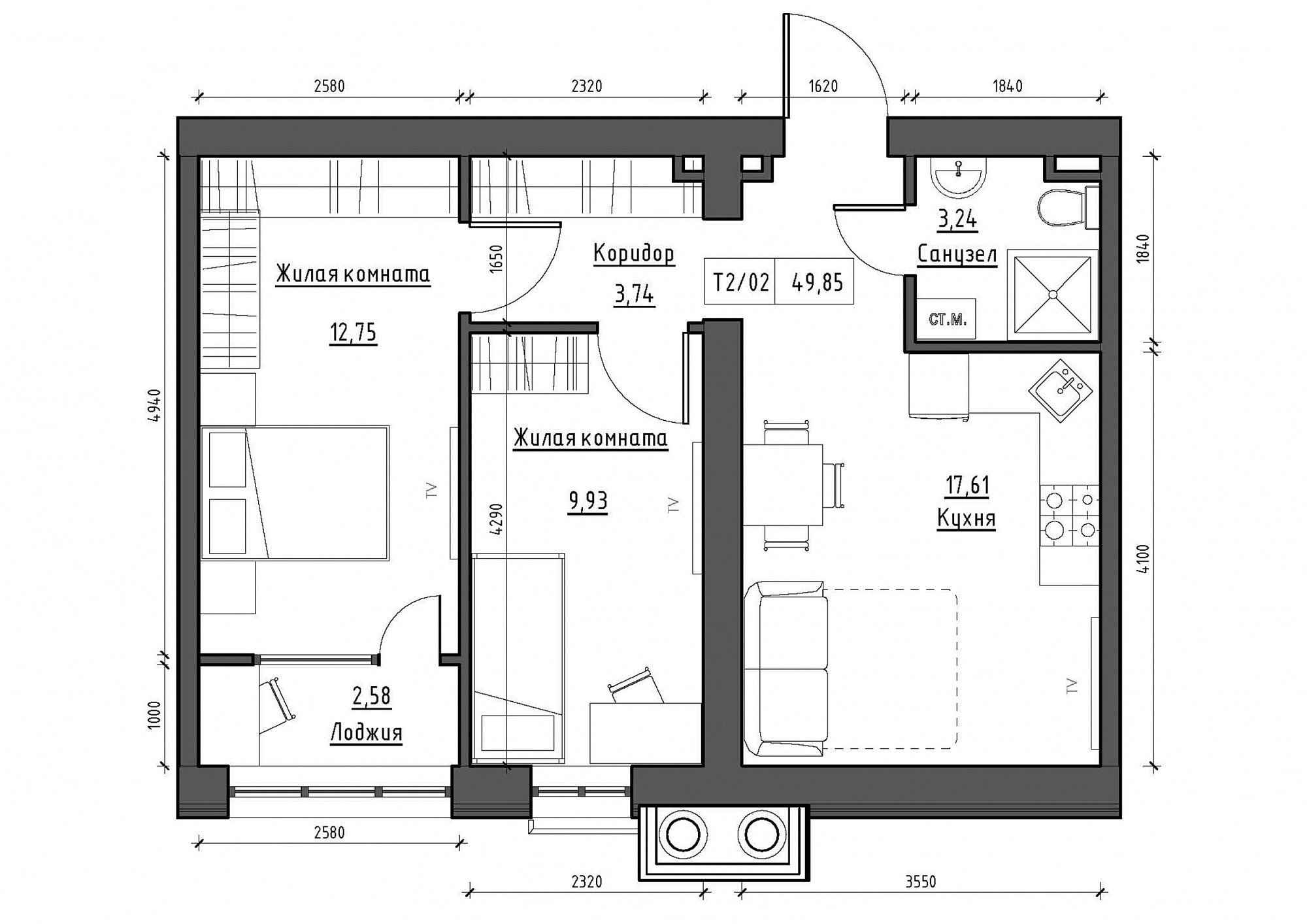 Планировка 2-к квартира площей 49.85м2, KS-011-01/0009.