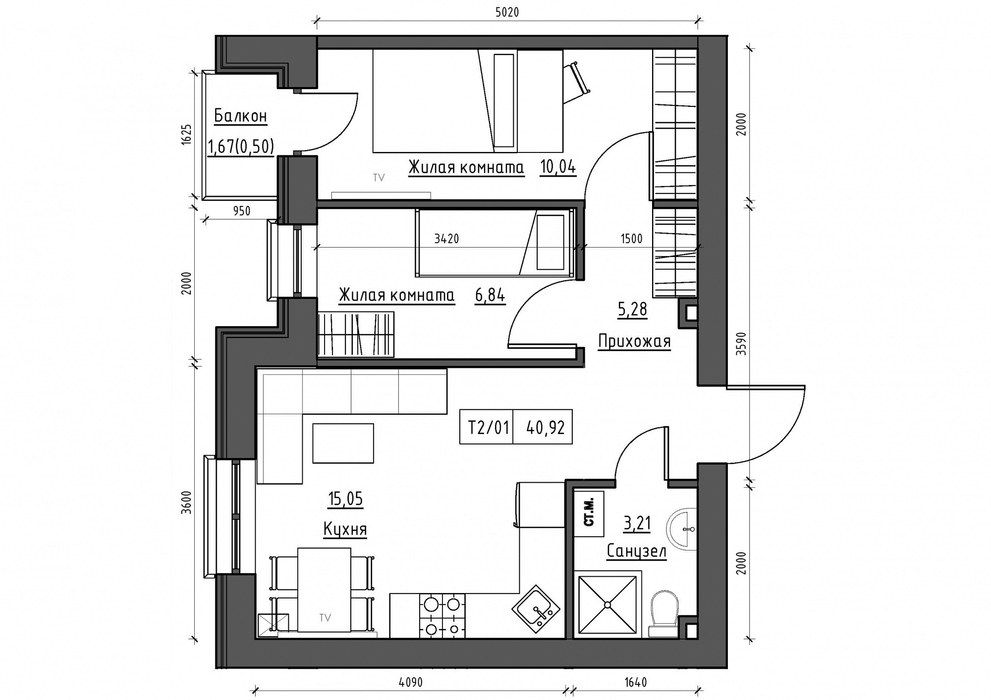 Планування 2-к квартира площею 40.92м2, KS-012-02/0010.