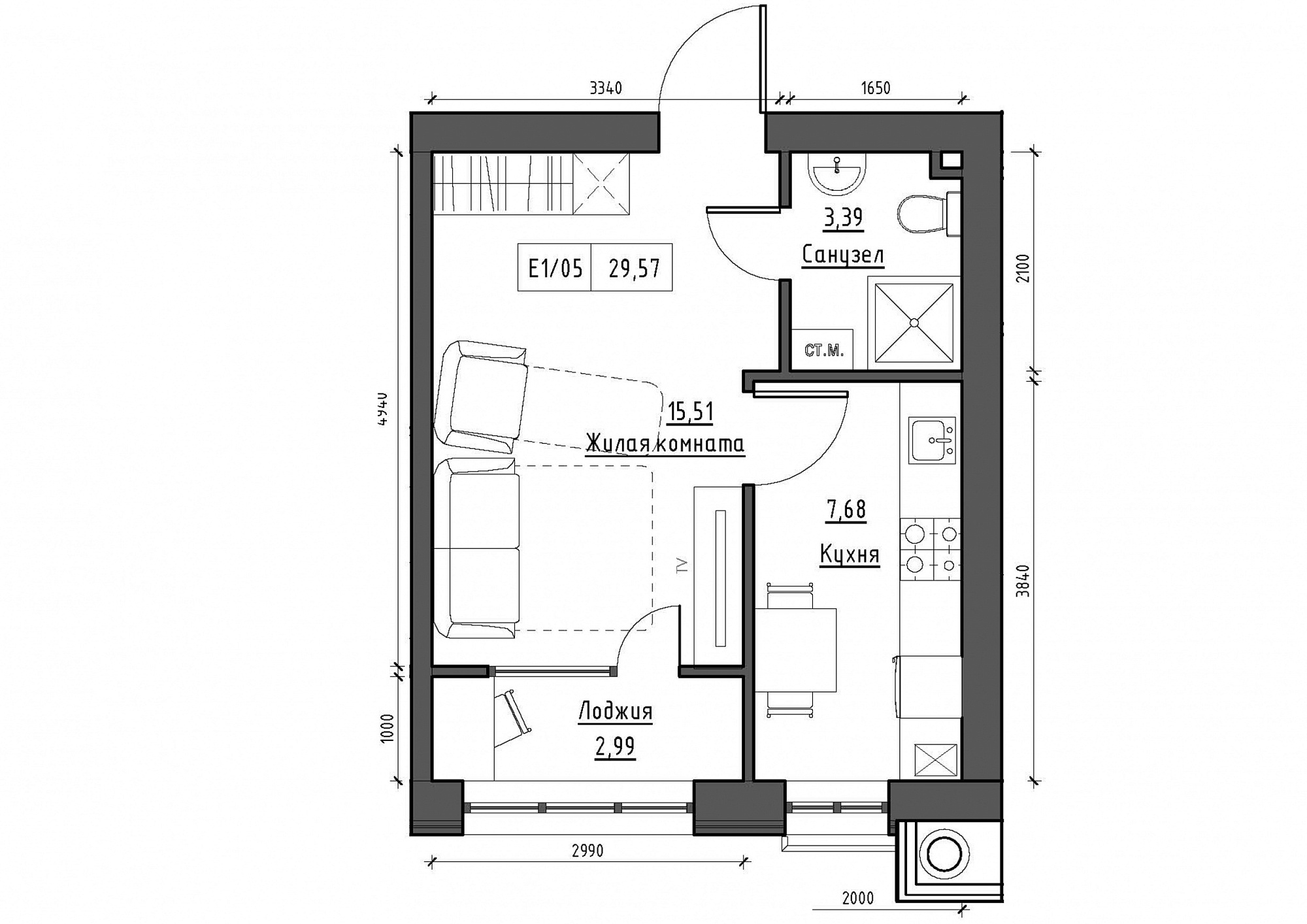 Планировка 1-к квартира площей 29.57м2, KS-012-01/0006.