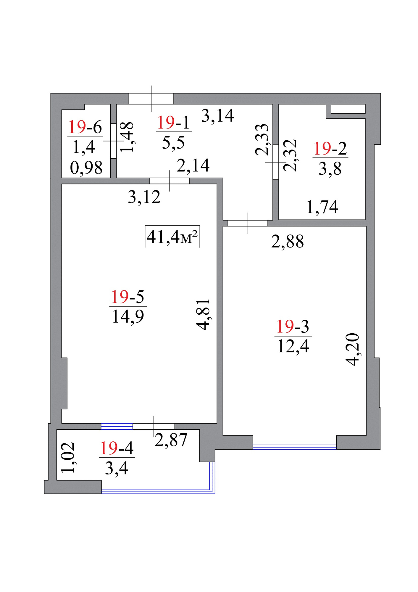 Планировка 1-к квартира площей 41.4м2, AB-07-02/00017.
