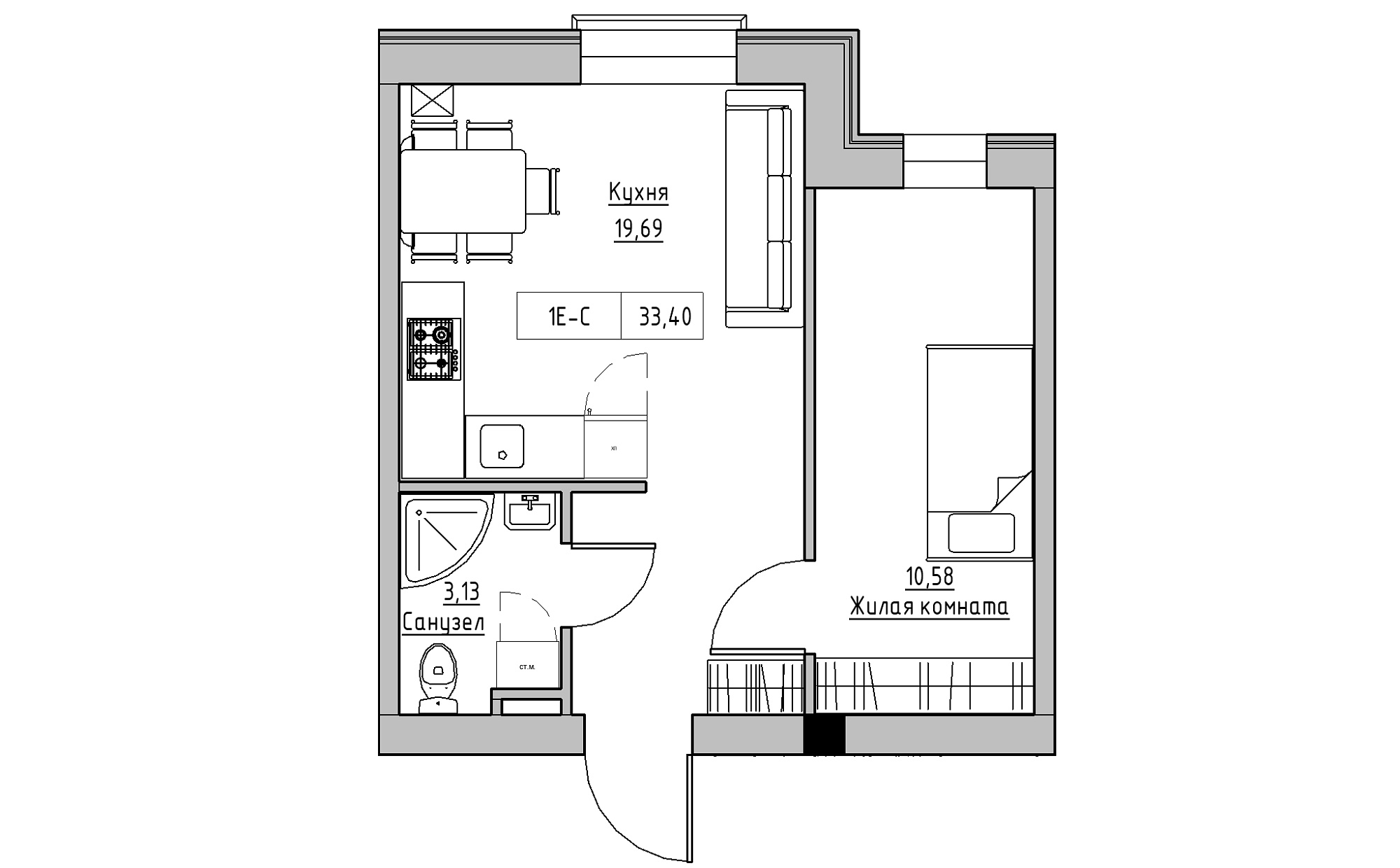 Планировка 1-к квартира площей 33.4м2, KS-022-01/0008.