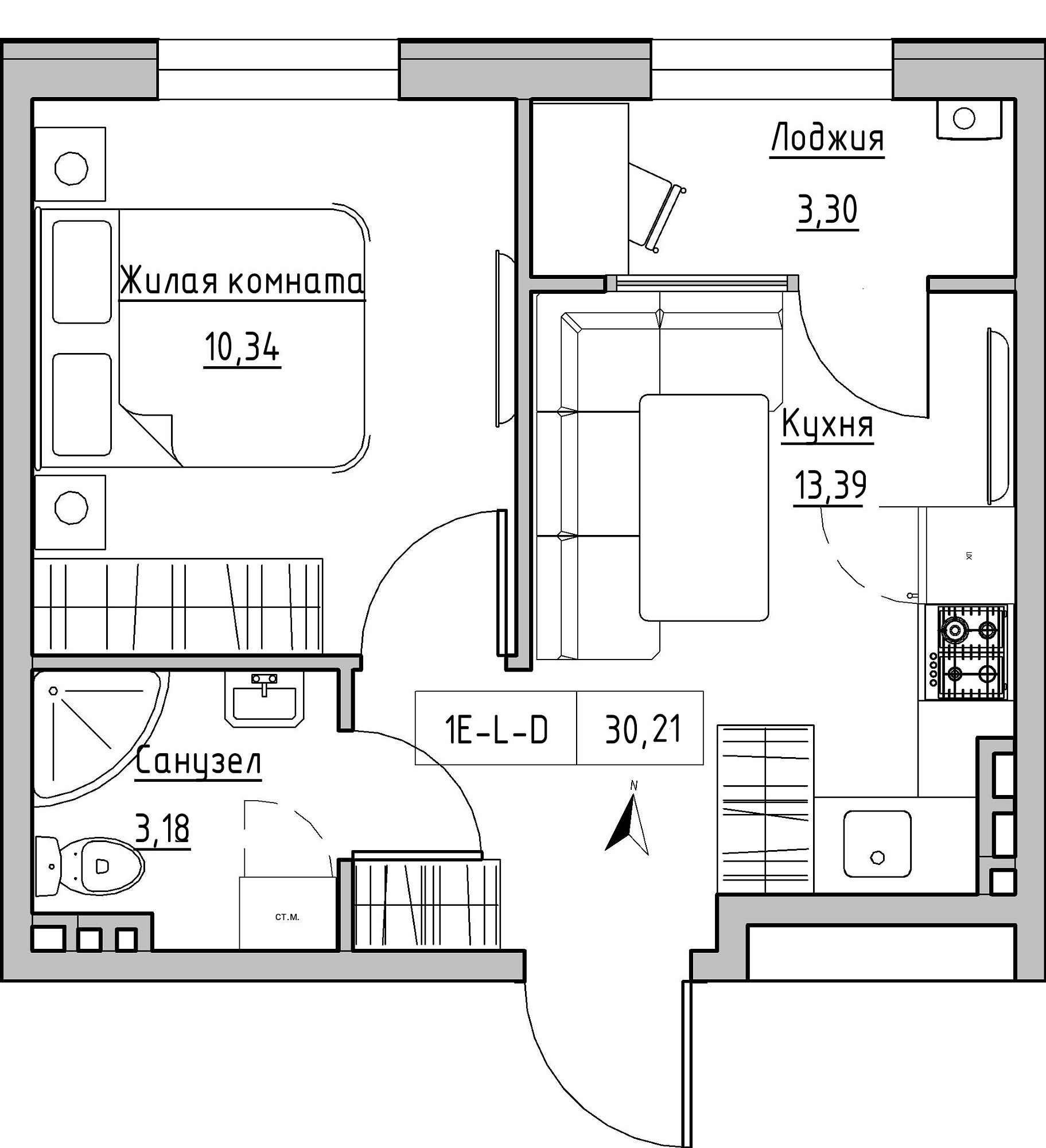 Планування 1-к квартира площею 30.21м2, KS-024-01/0001.