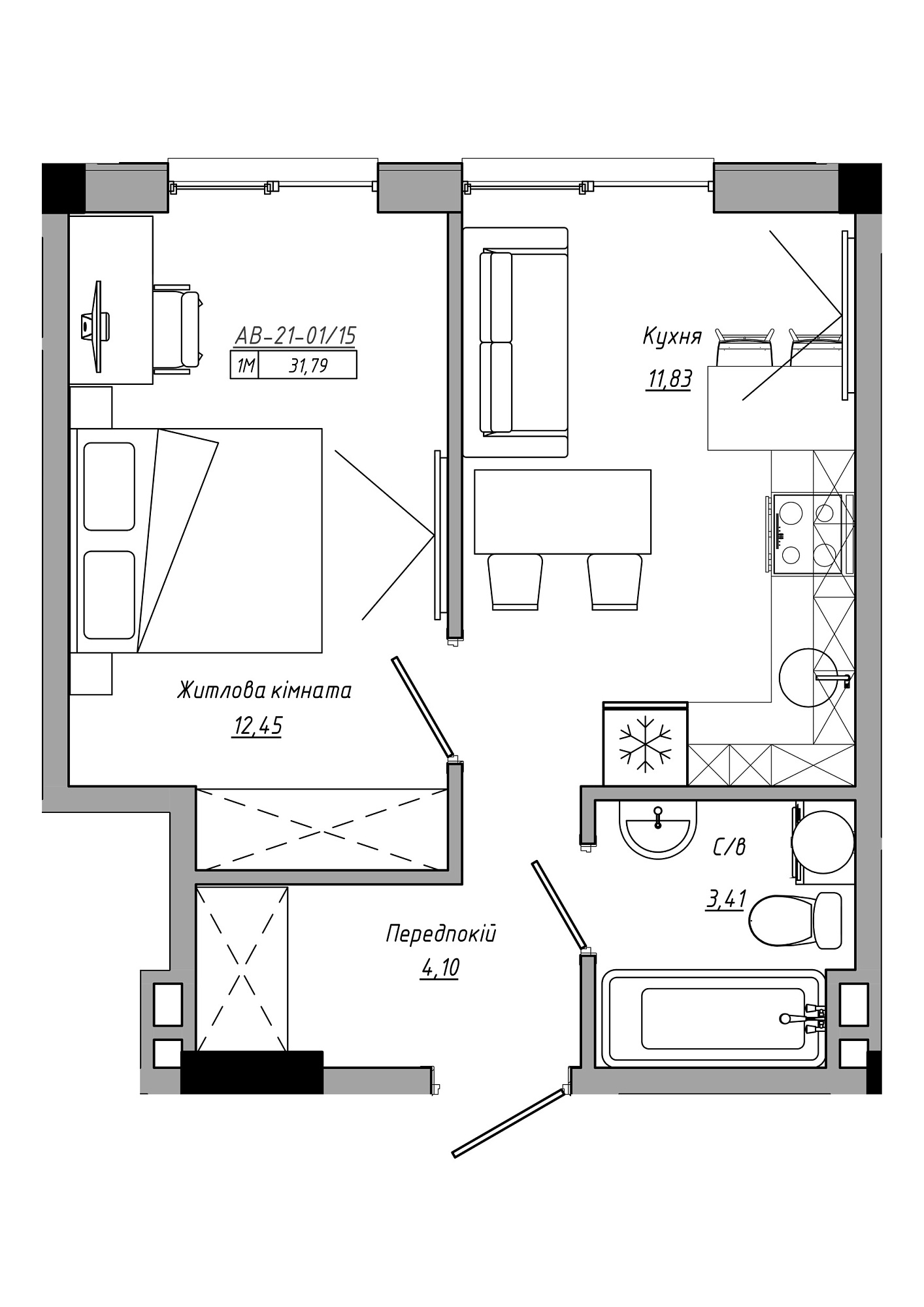 Планировка 1-к квартира площей 31.79м2, AB-21-01/00015.