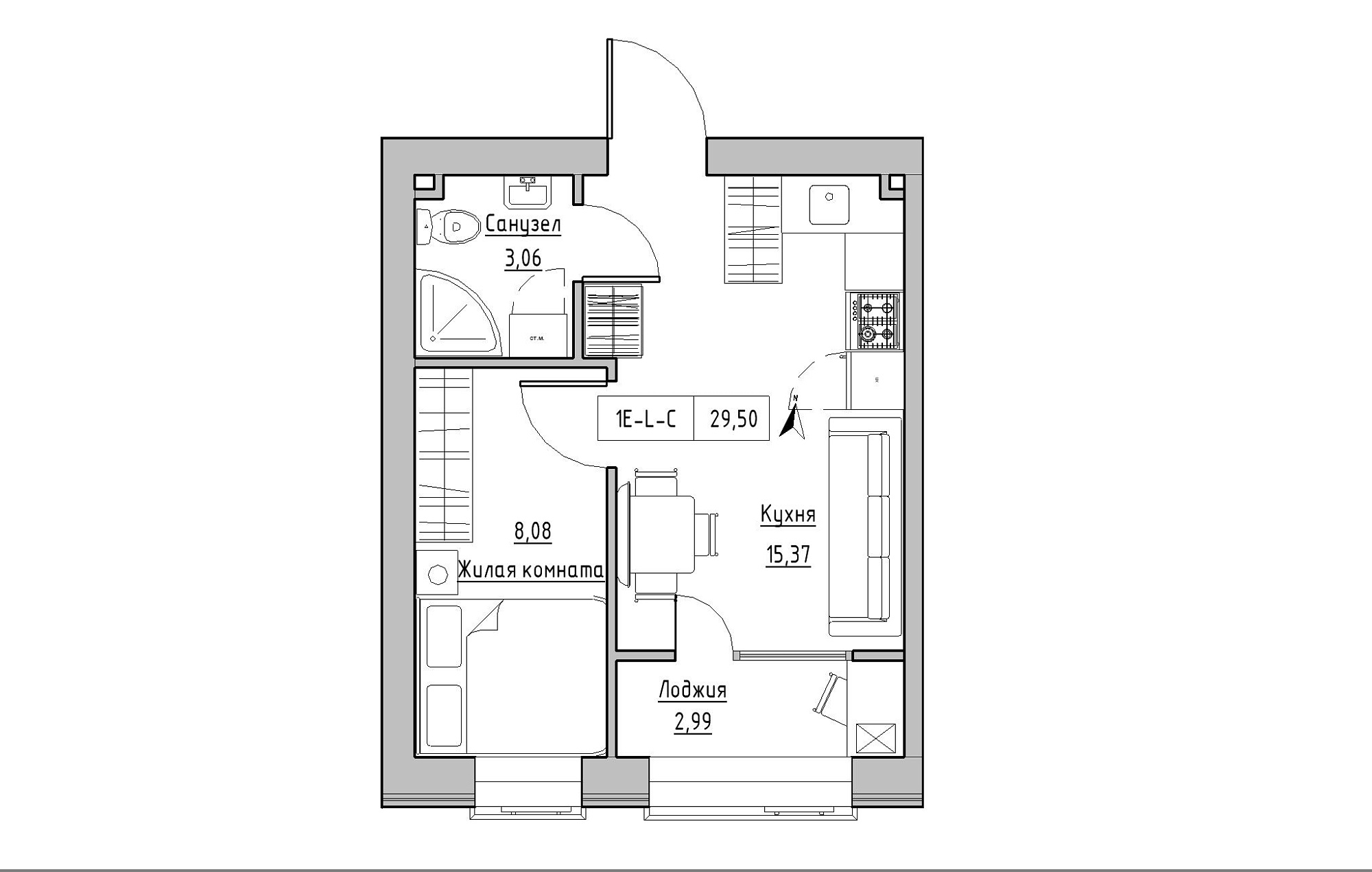 Планировка 1-к квартира площей 29.5м2, KS-019-03/0010.