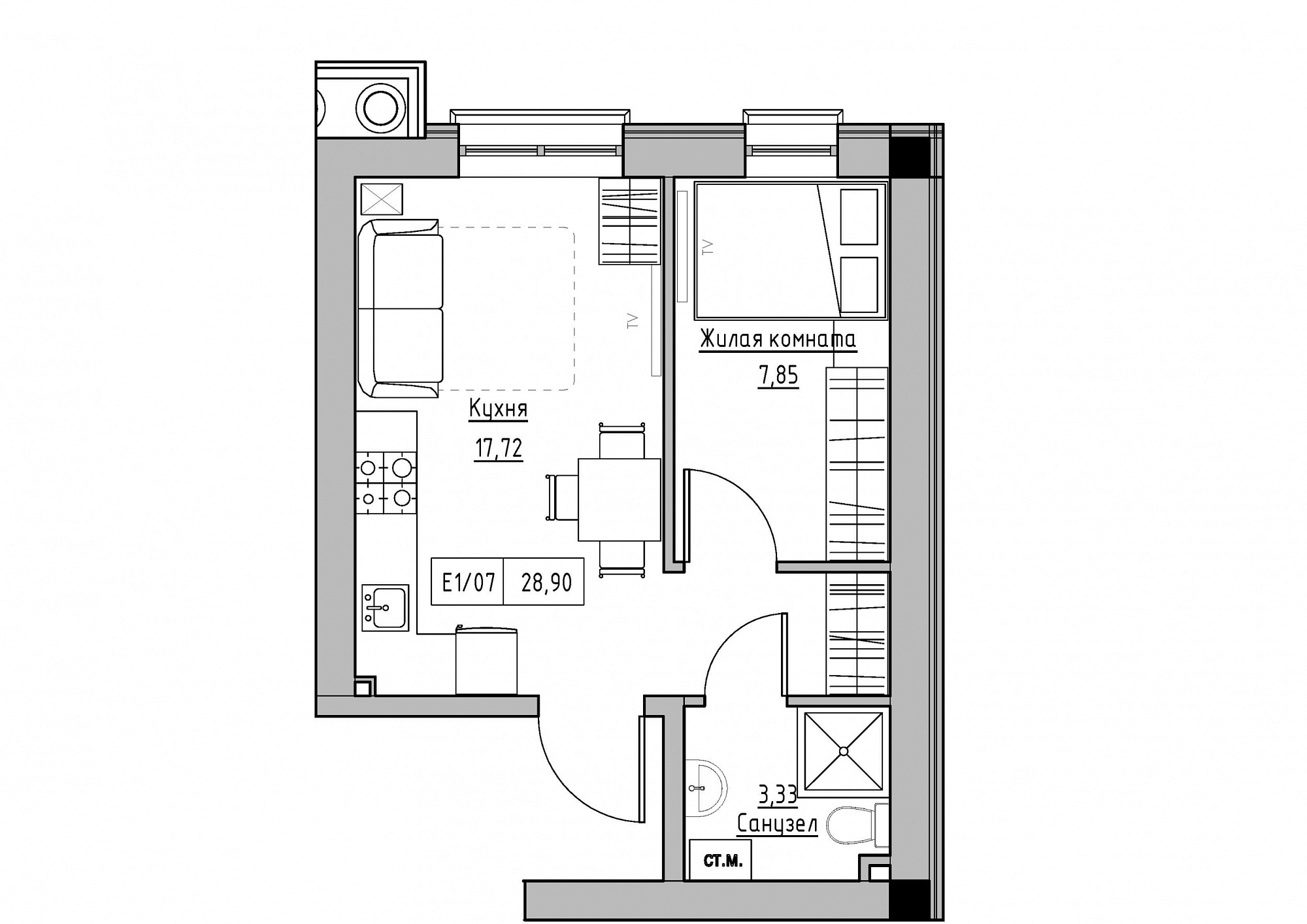 Планировка 1-к квартира площей 28.9м2, KS-012-02/0002.