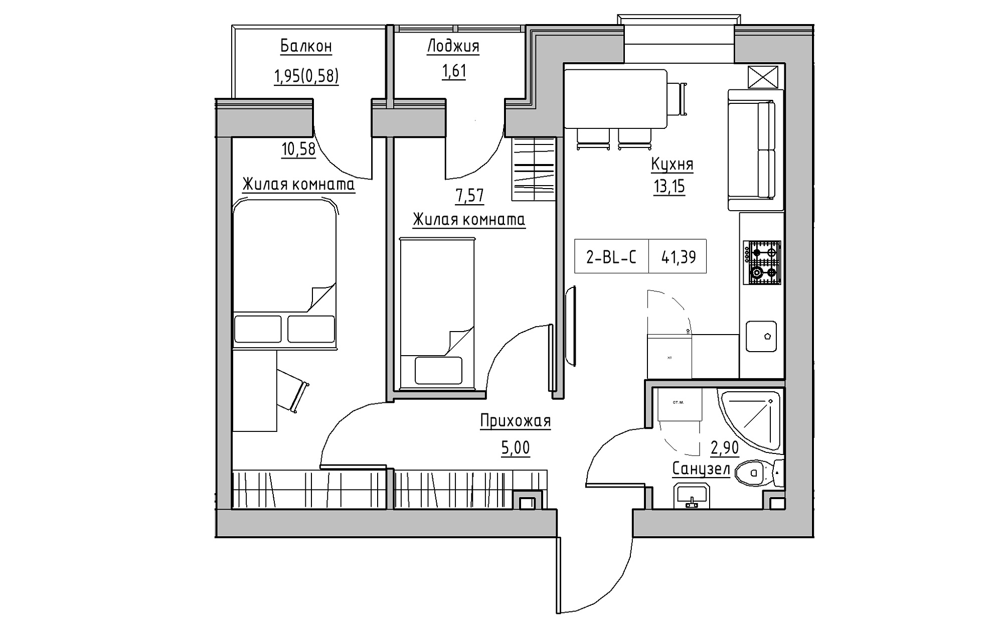 Планировка 2-к квартира площей 41.39м2, KS-022-02/0005.