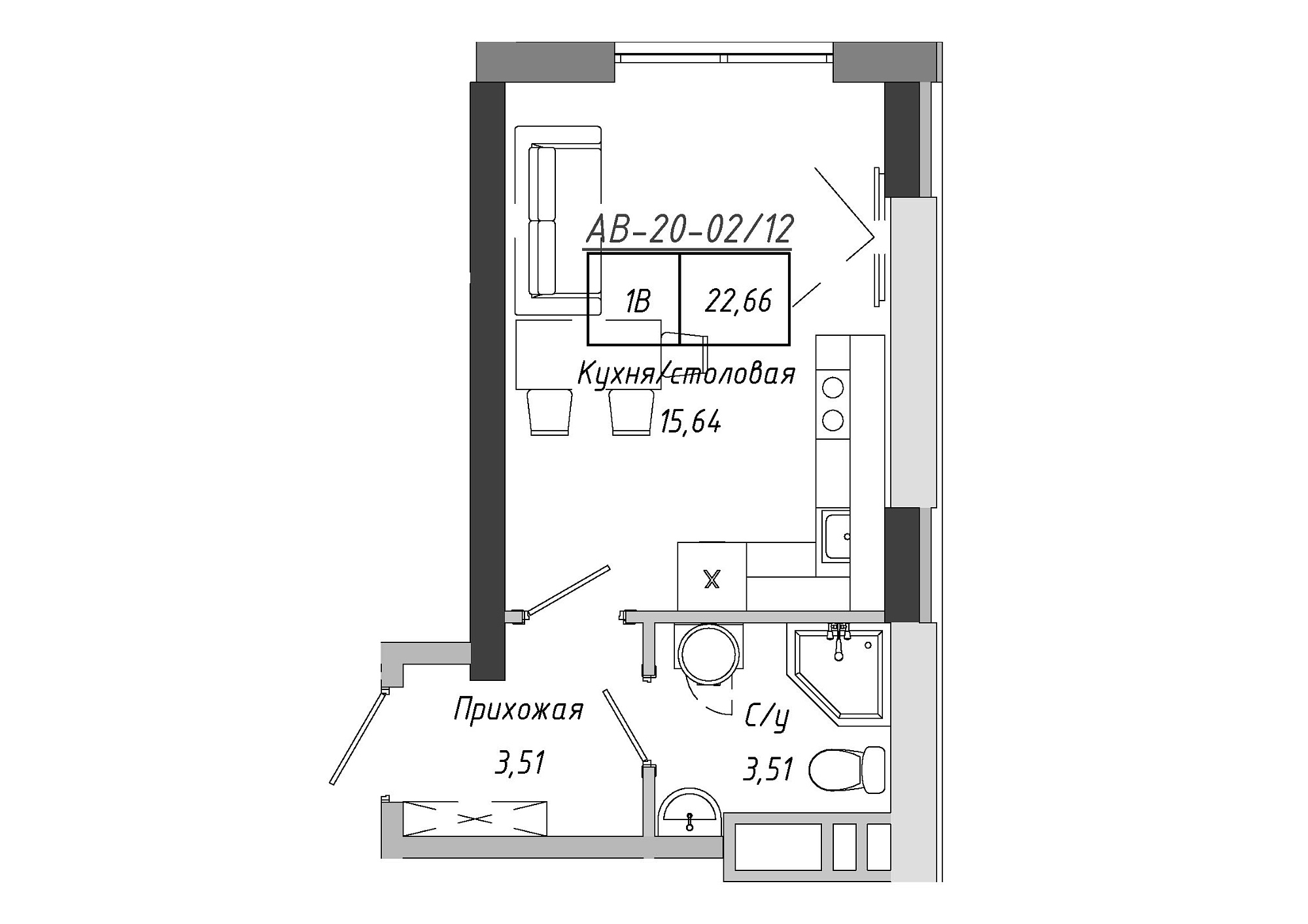 Планування Smart-квартира площею 21.87м2, AB-20-02/00012.