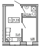 Planning 1-rm flats area 21.33m2, KS-01А-04/0012.