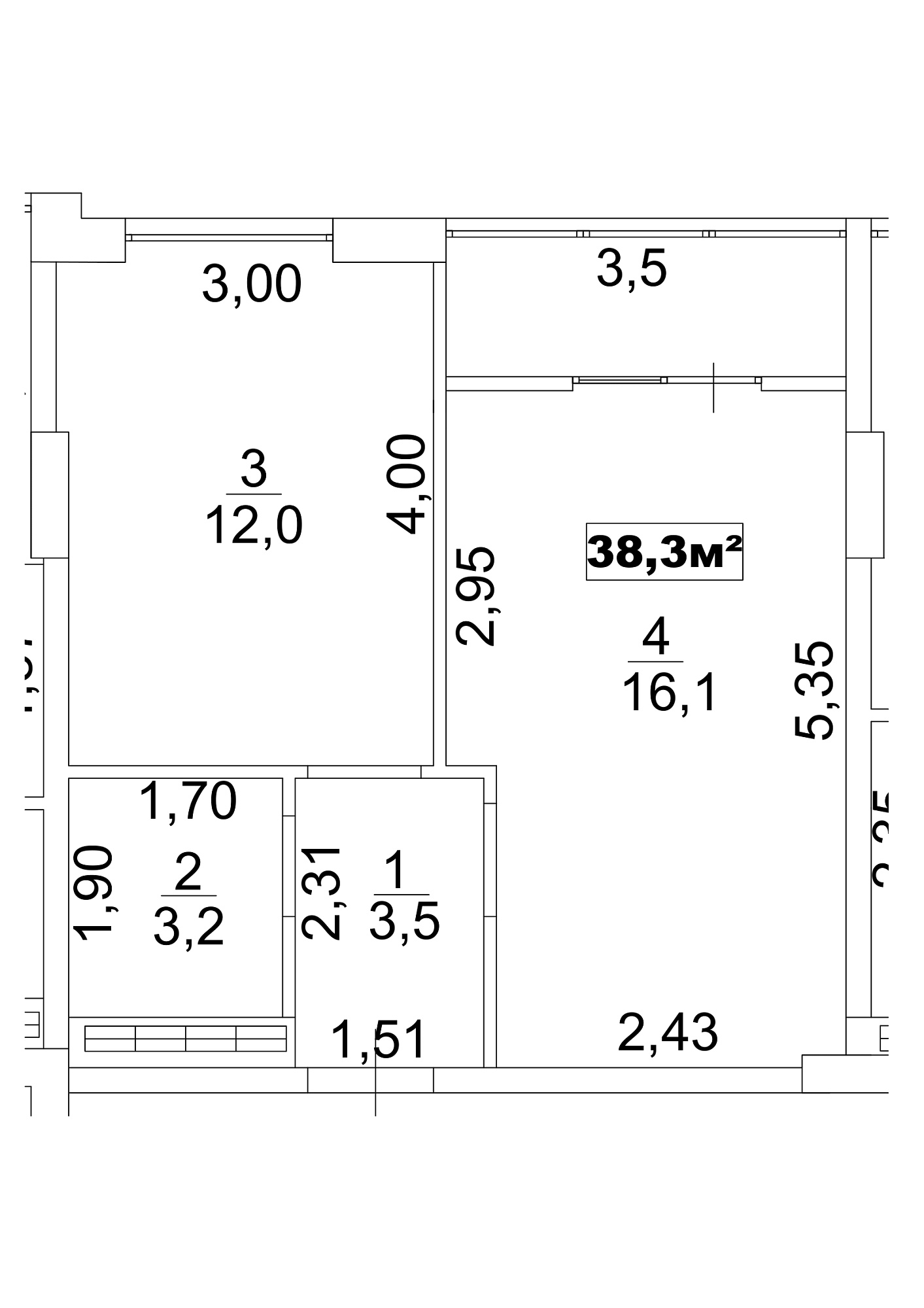 Планування 1-к квартира площею 38.3м2, AB-13-09/00075.