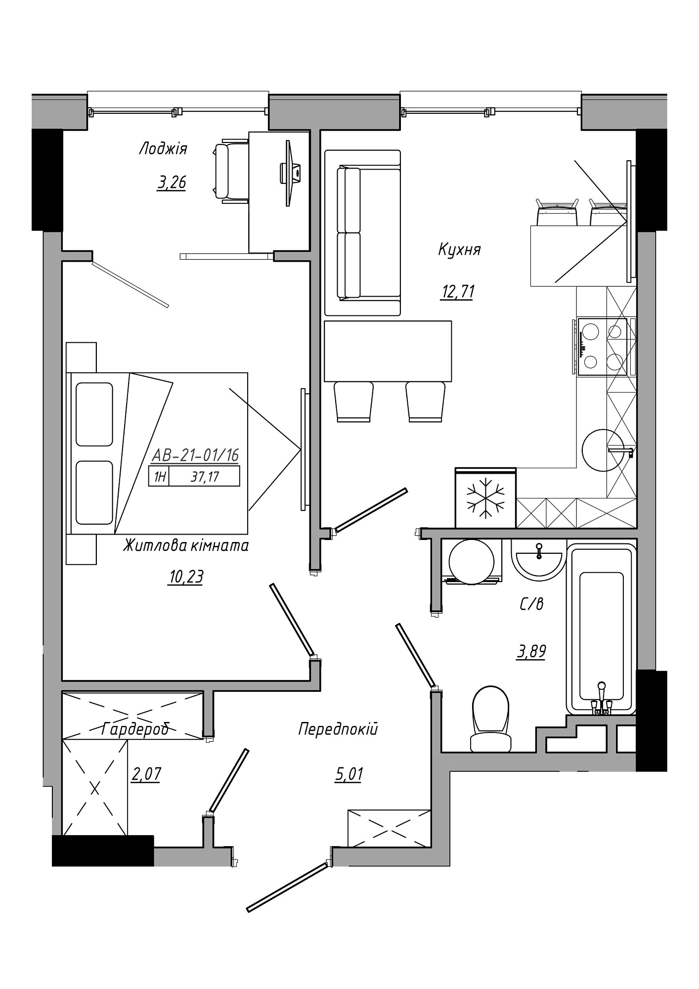 Планування 1-к квартира площею 37.17м2, AB-21-01/00016.