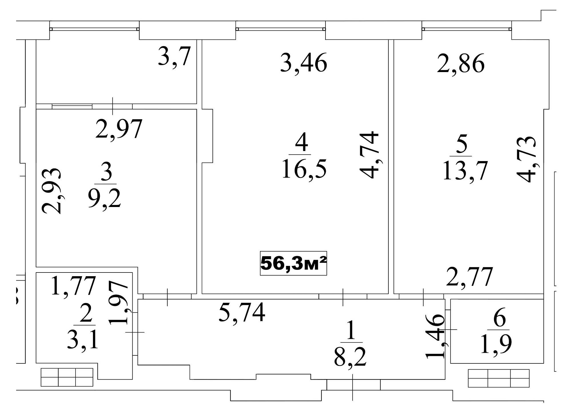 Планування 2-к квартира площею 56.3м2, AB-10-02/00013.
