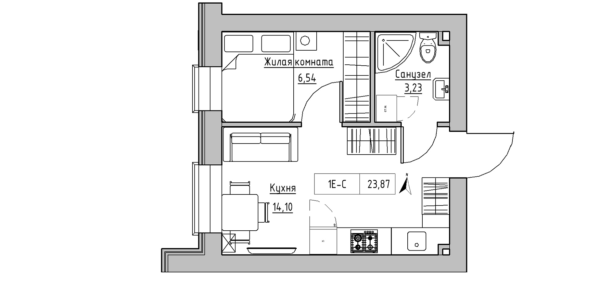 Планировка 1-к квартира площей 23.87м2, KS-020-04/0012.