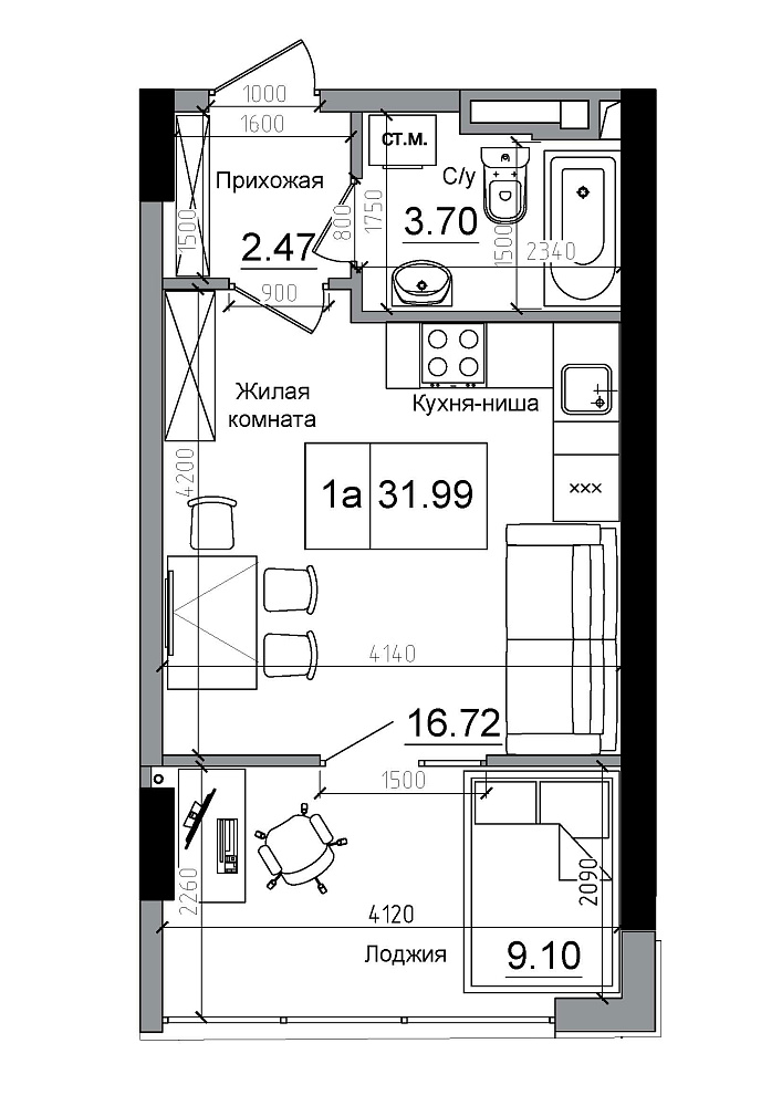 Планування Smart-квартира площею 31.99м2, AB-12-02/00001.