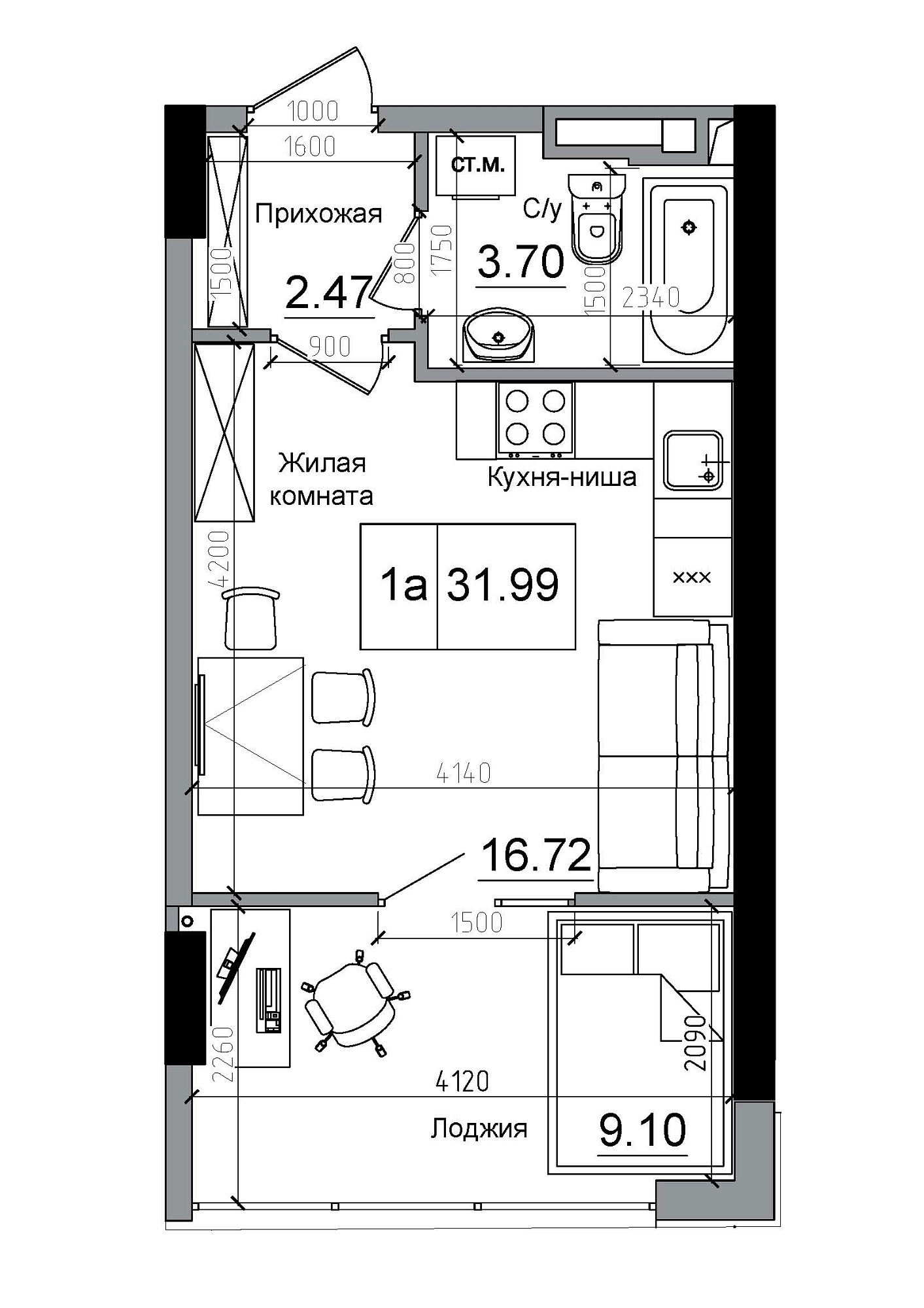Планування Smart-квартира площею 31.99м2, AB-12-04/00001.