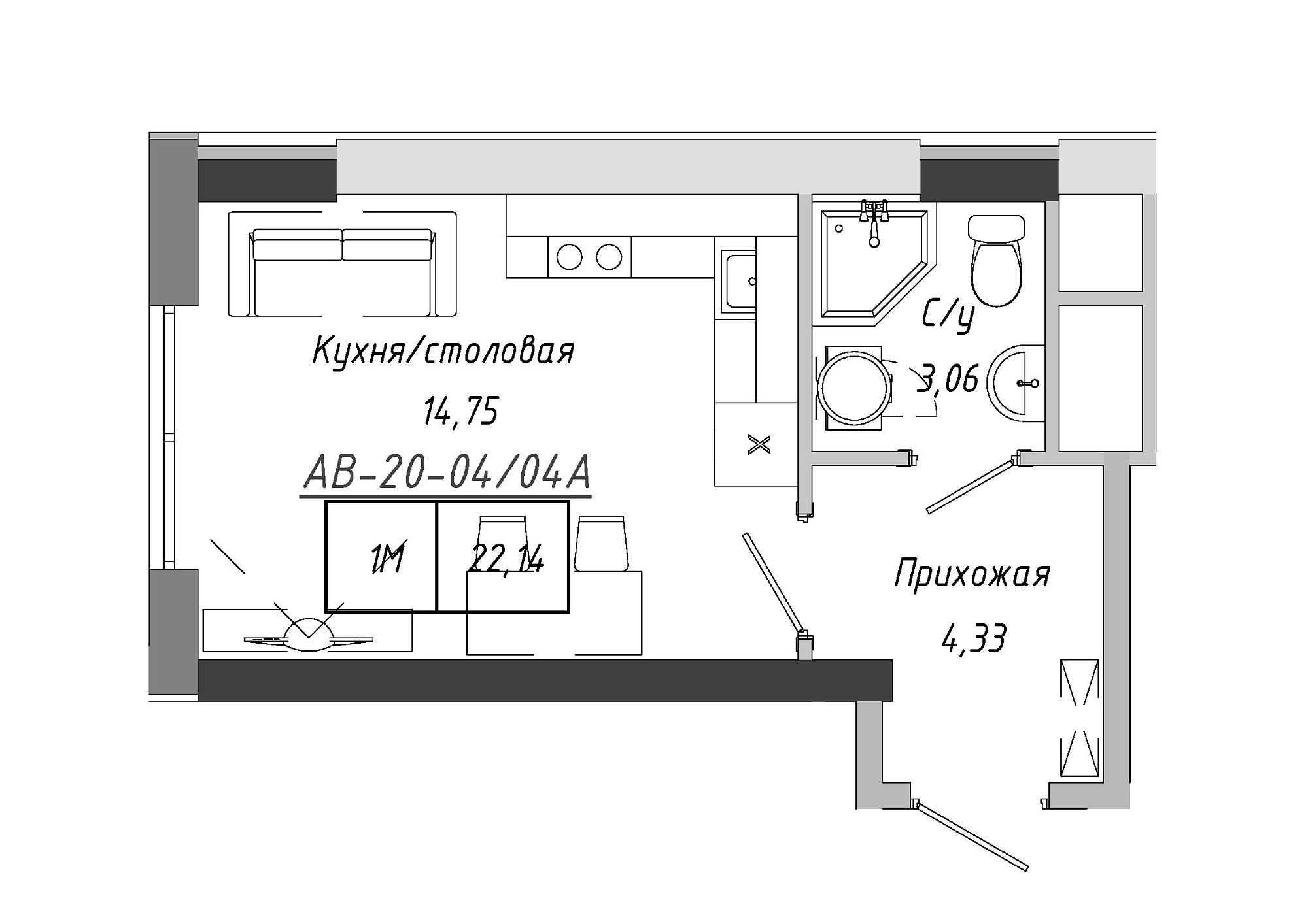 Планування Smart-квартира площею 22.14м2, AB-20-04/0004а.