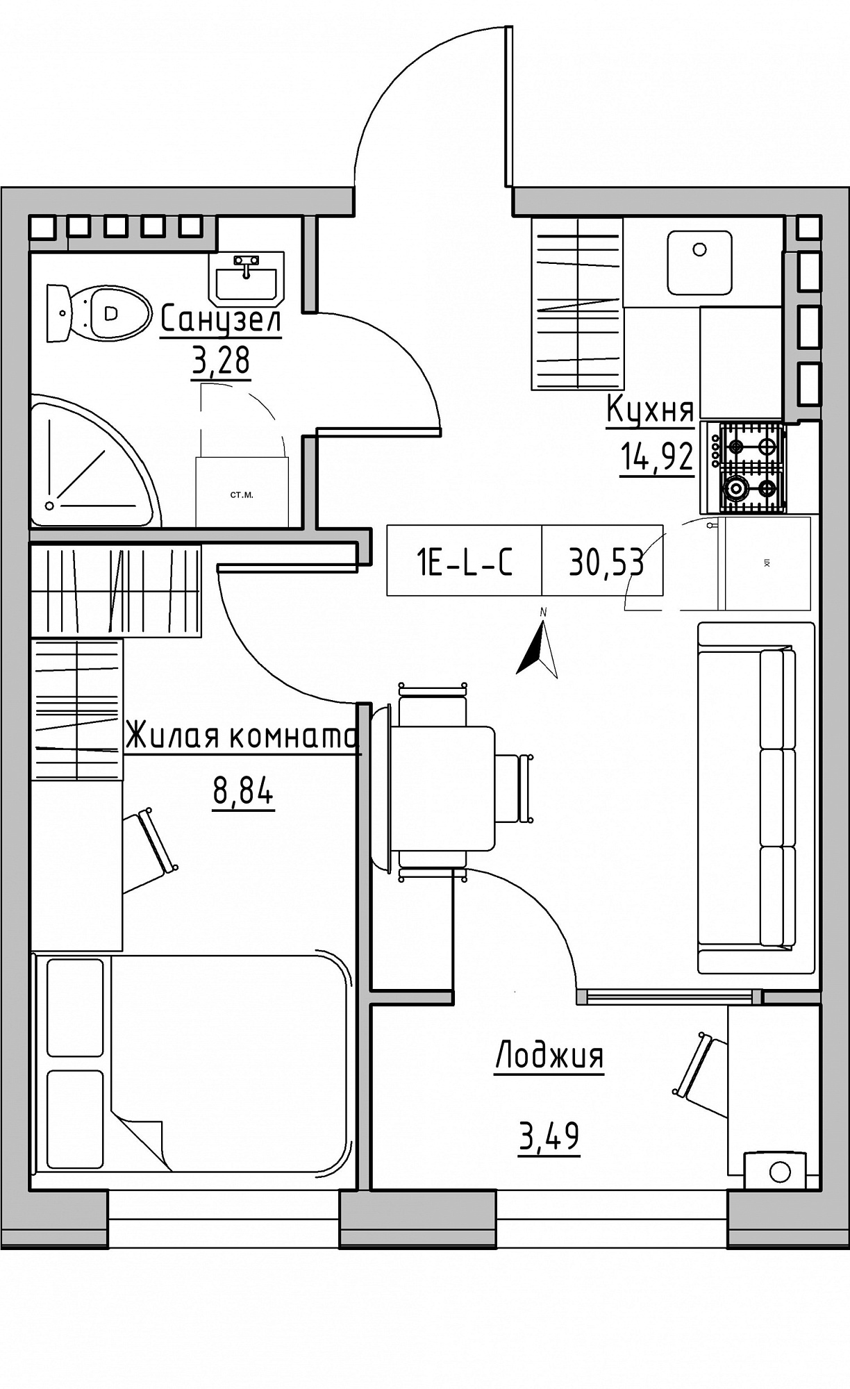 Планування 1-к квартира площею 30.53м2, KS-024-04/0008.