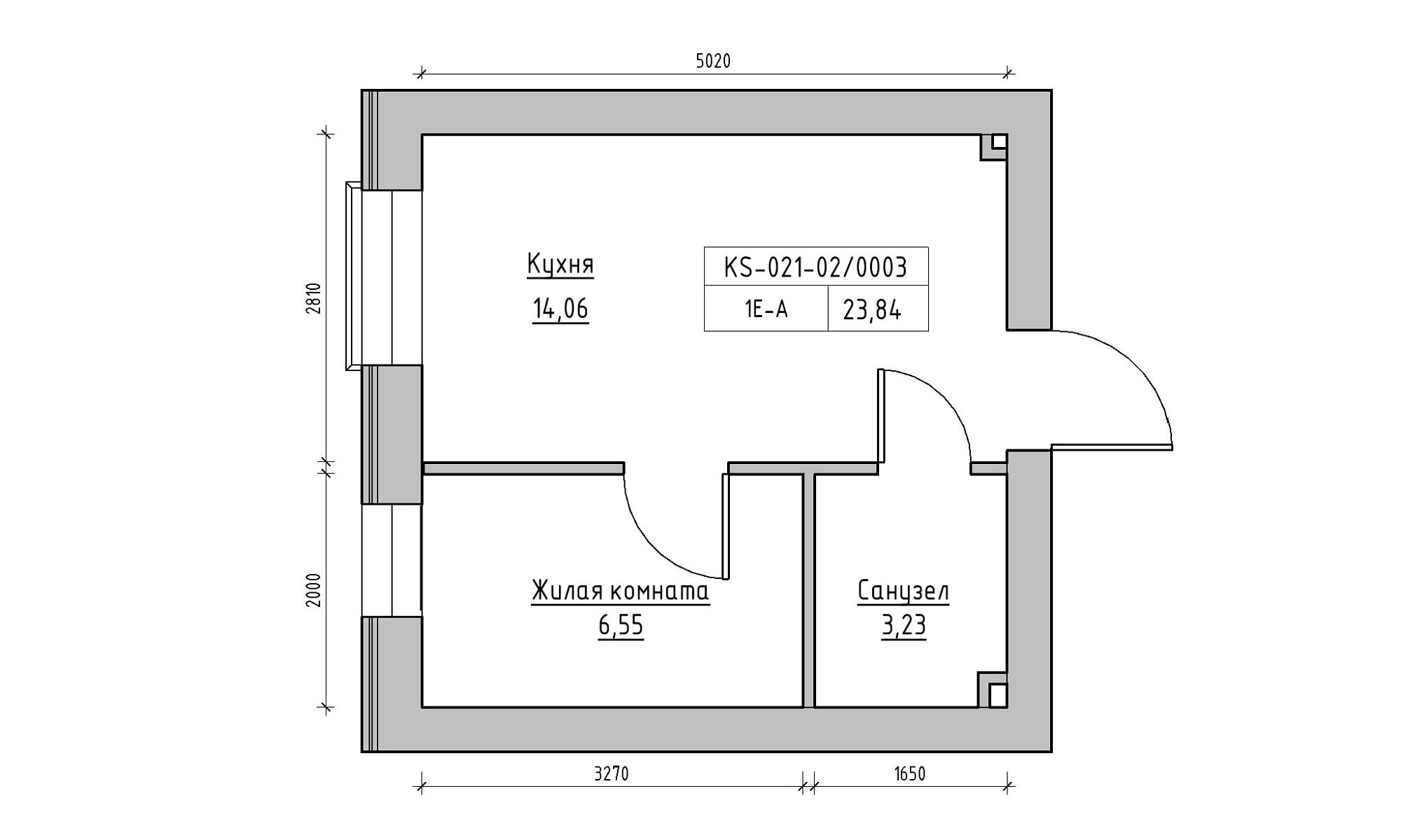 Планування 1-к квартира площею 23.84м2, KS-021-02/0003.