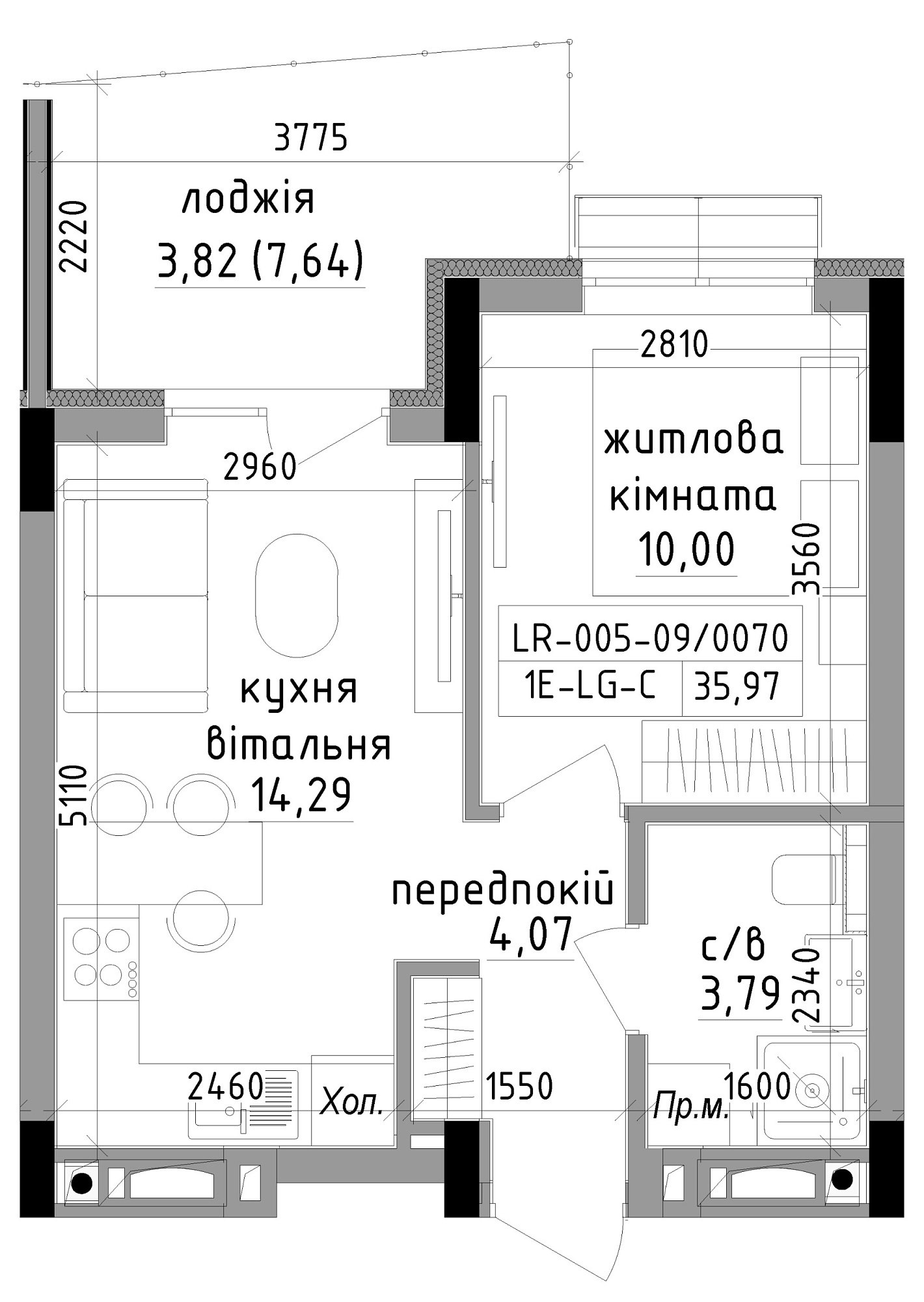 Планування 1-к квартира площею 35.97м2, LR-005-09/0070.