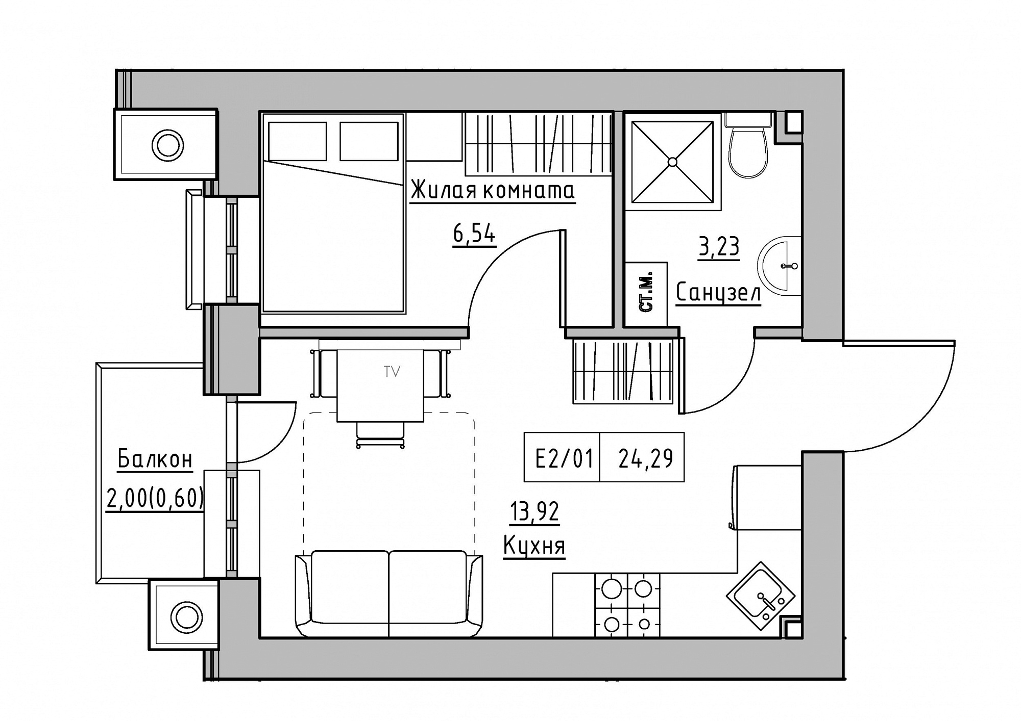 Planning 1-rm flats area 24.29m2, KS-012-02/0009.