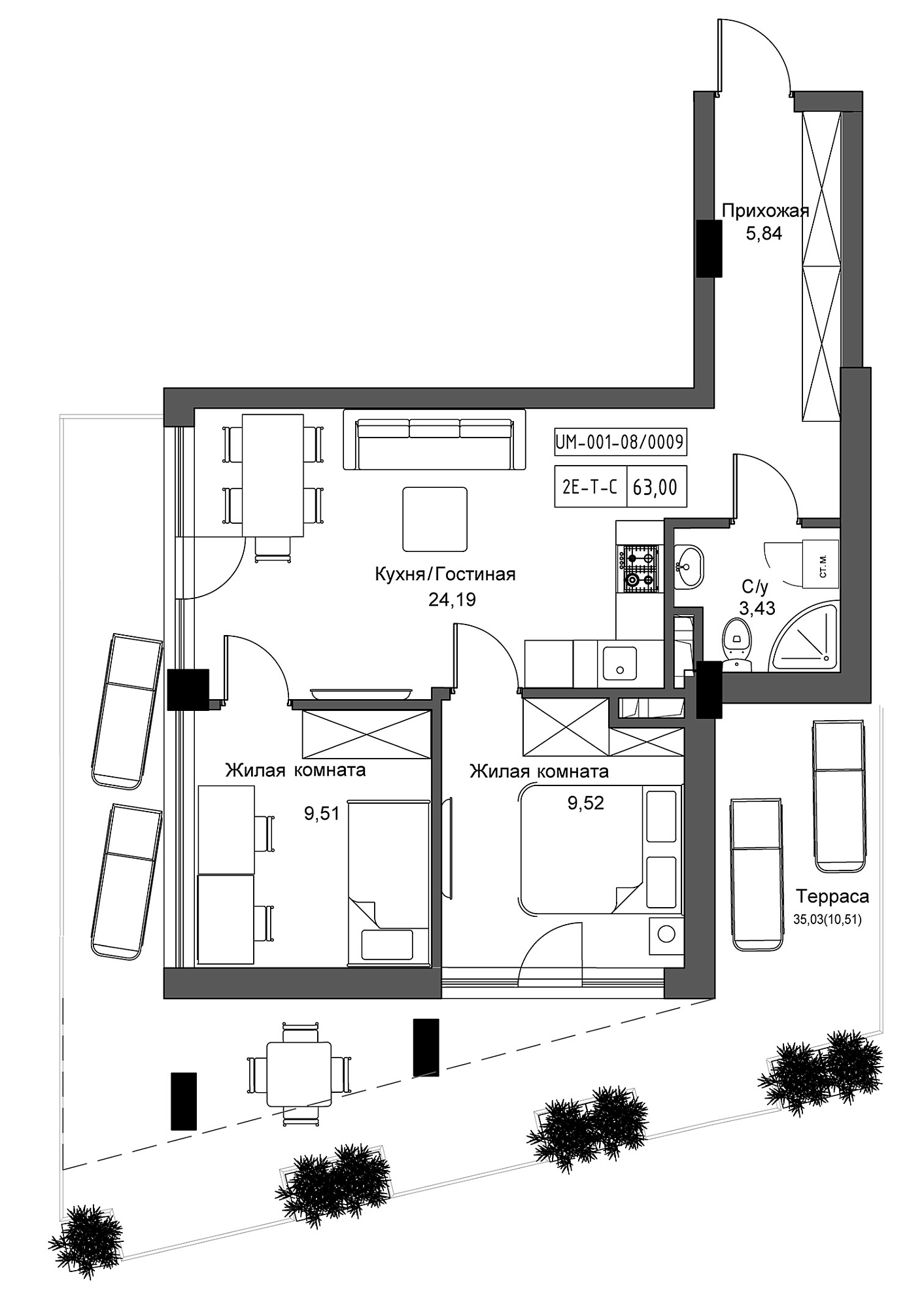Планировка 2-к квартира площей 63м2, UM-001-08/0009.