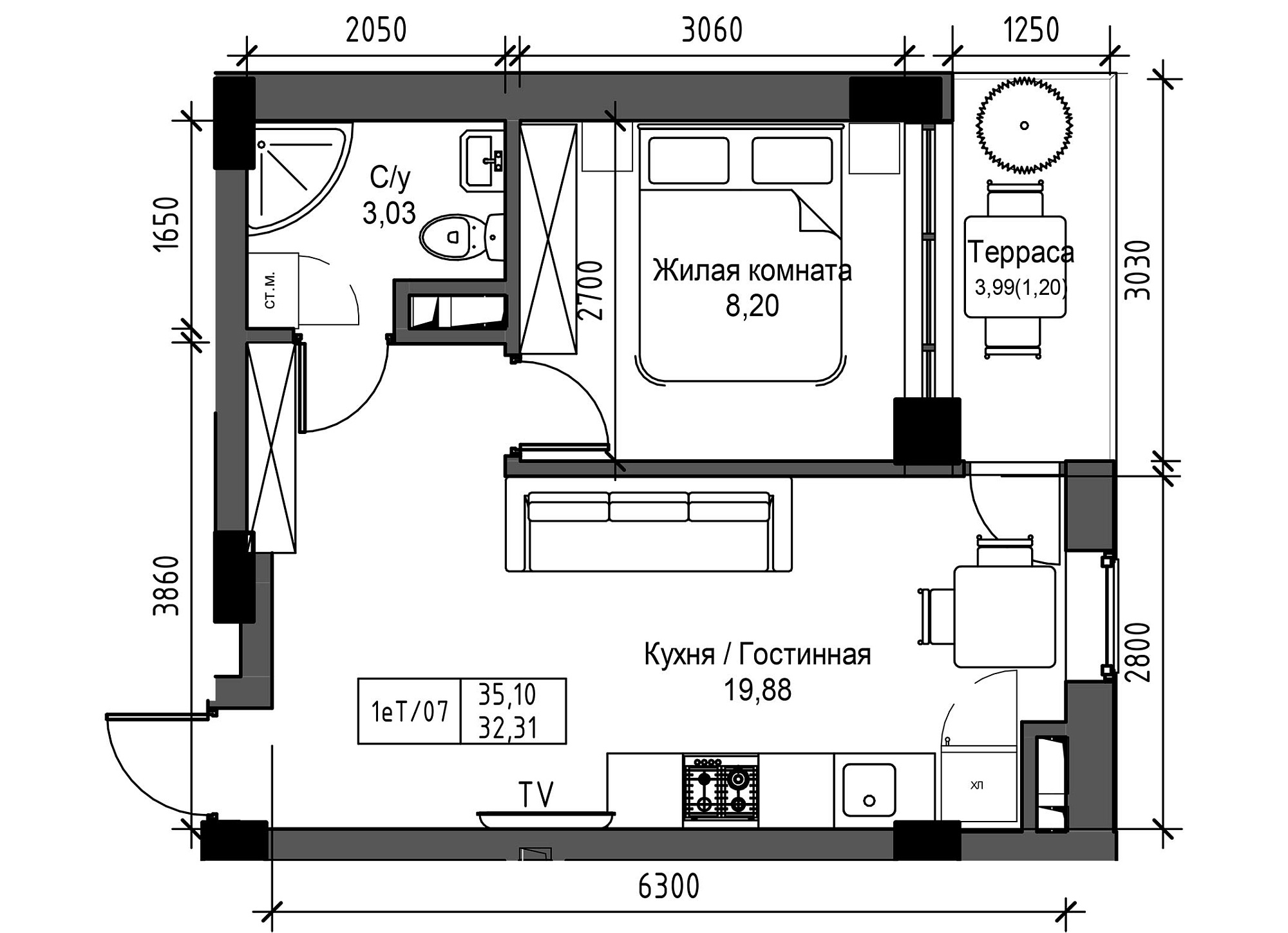 Планування 1-к квартира площею 32.31м2, UM-003-06/0065.