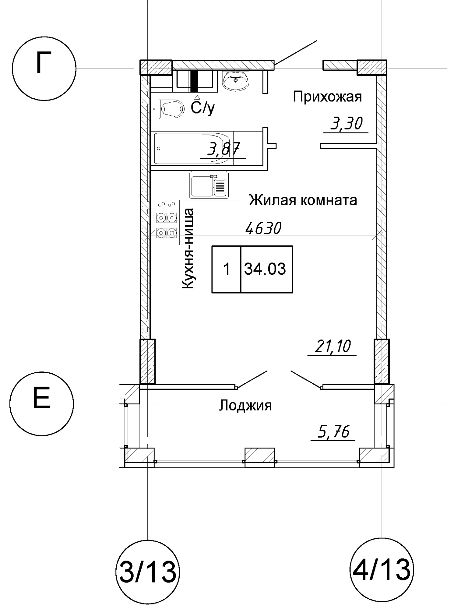 Планування Квартири площею 34.03м2, AB-13-01/0001б.