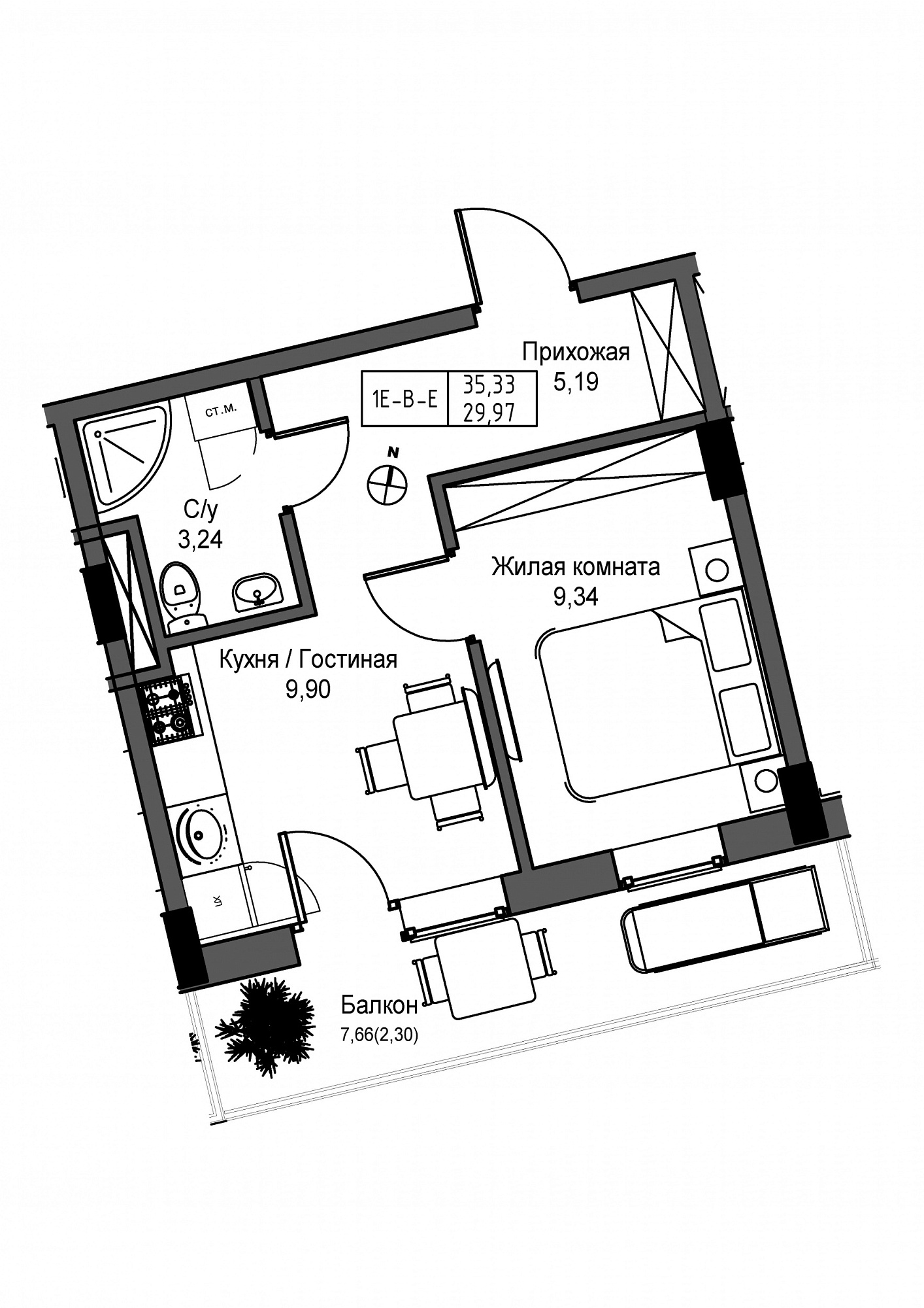 Планировка 1-к квартира площей 29.97м2, UM-004-07/0013.