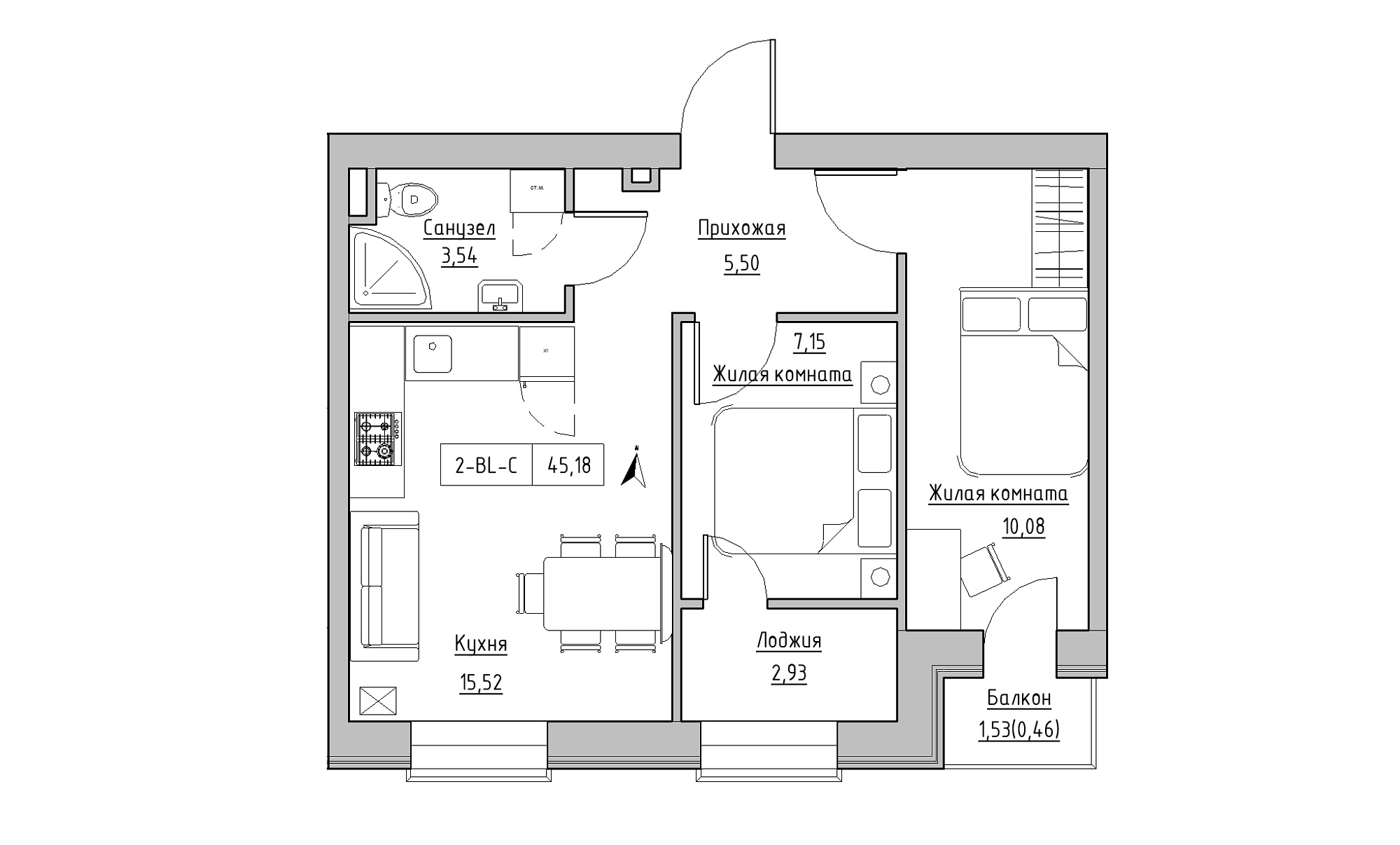 Планировка 2-к квартира площей 45.18м2, KS-023-04/0009.