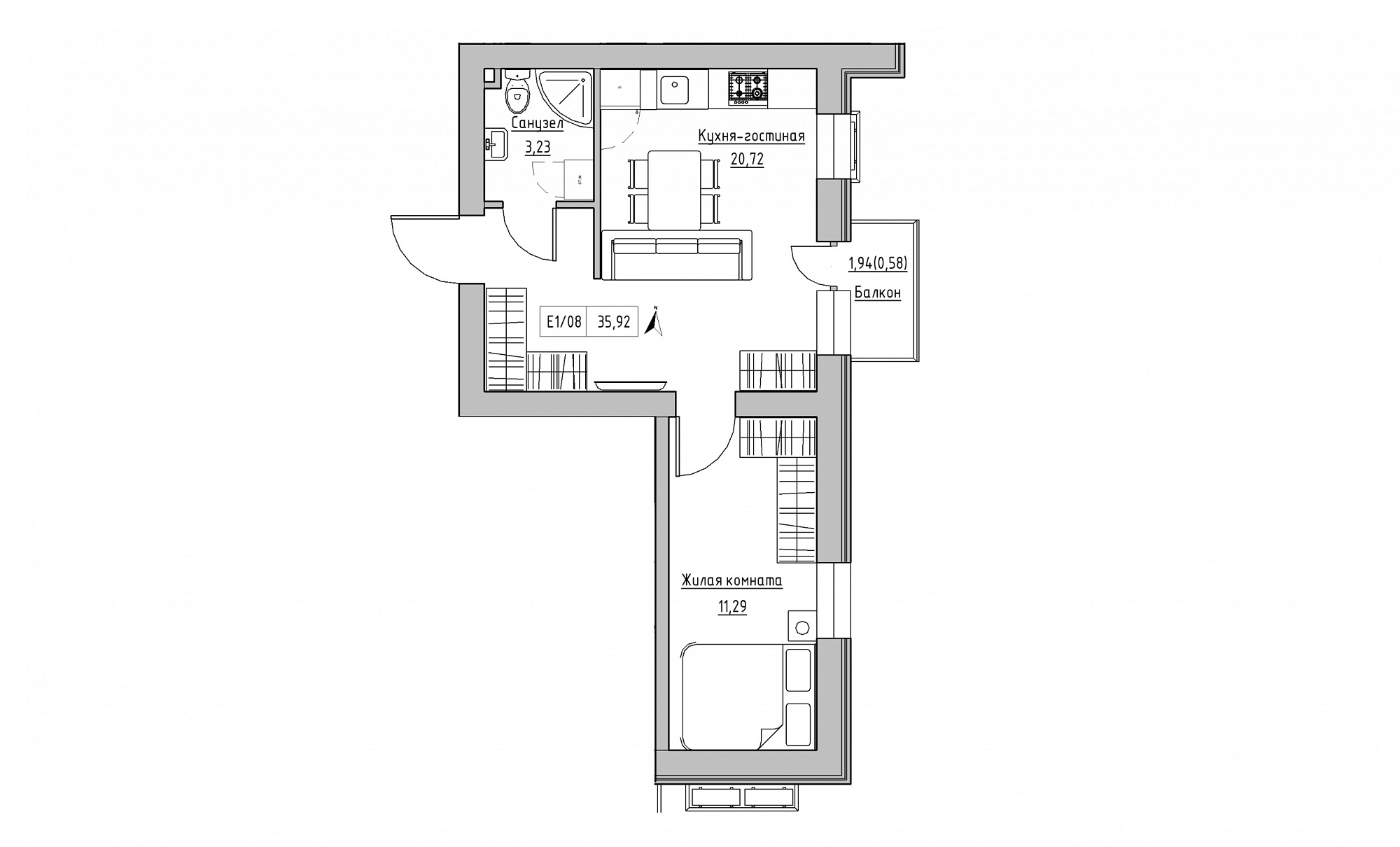 Планировка 1-к квартира площей 35.92м2, KS-015-02/0007.