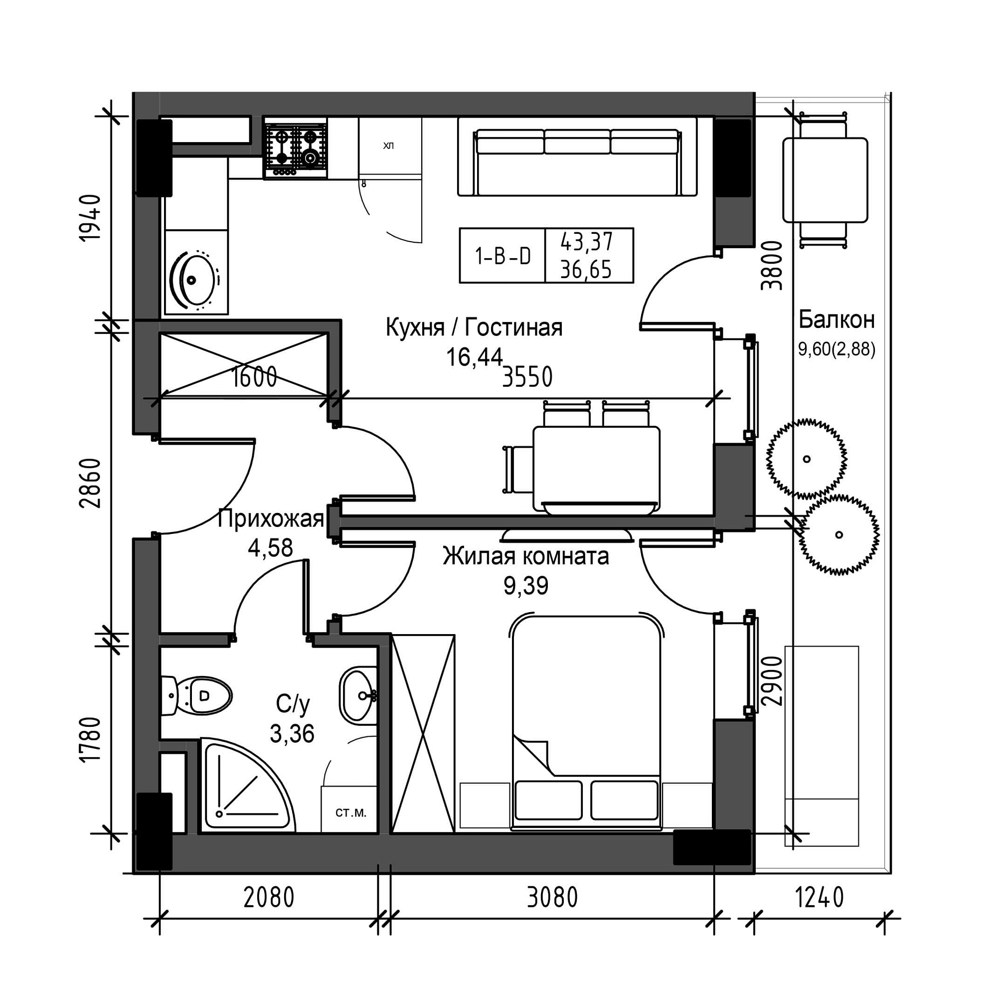 Planning 1-rm flats area 36.65m2, UM-001-05/0002.
