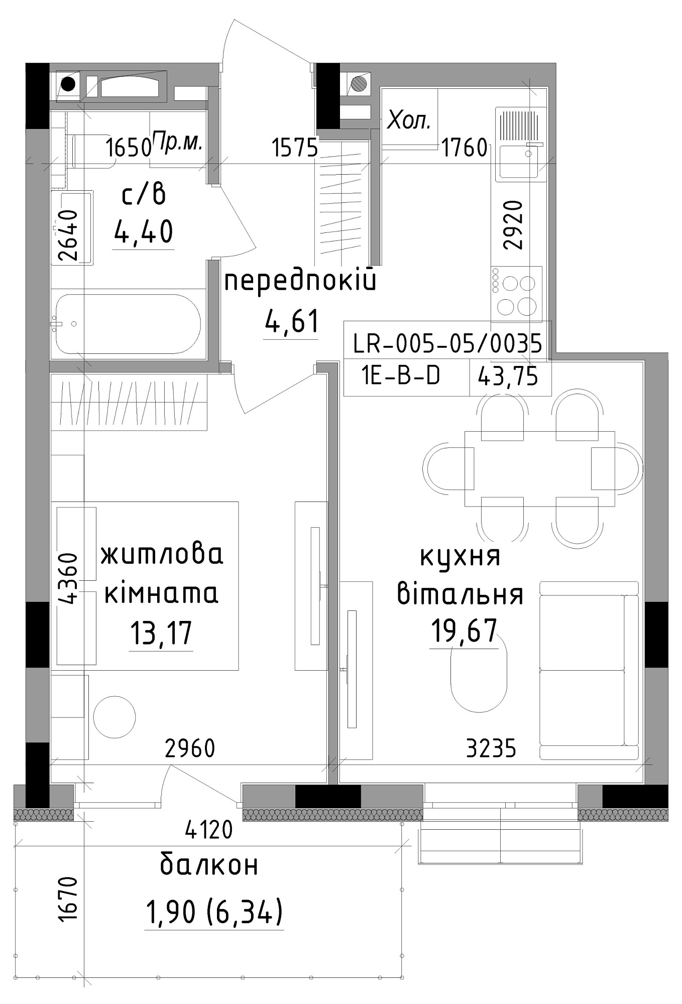 Планировка 1-к квартира площей 43.75м2, LR-005-05/0035.