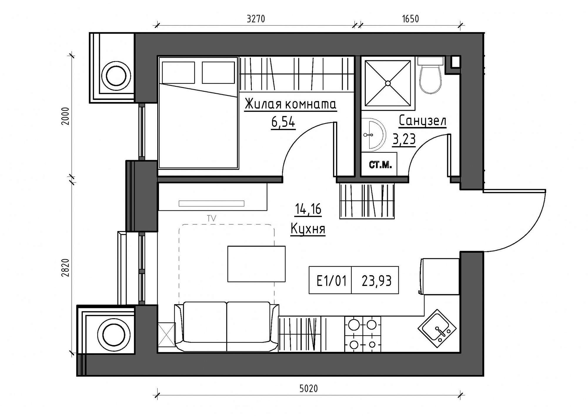 Планировка 1-к квартира площей 23.93м2, KS-012-02/0012.